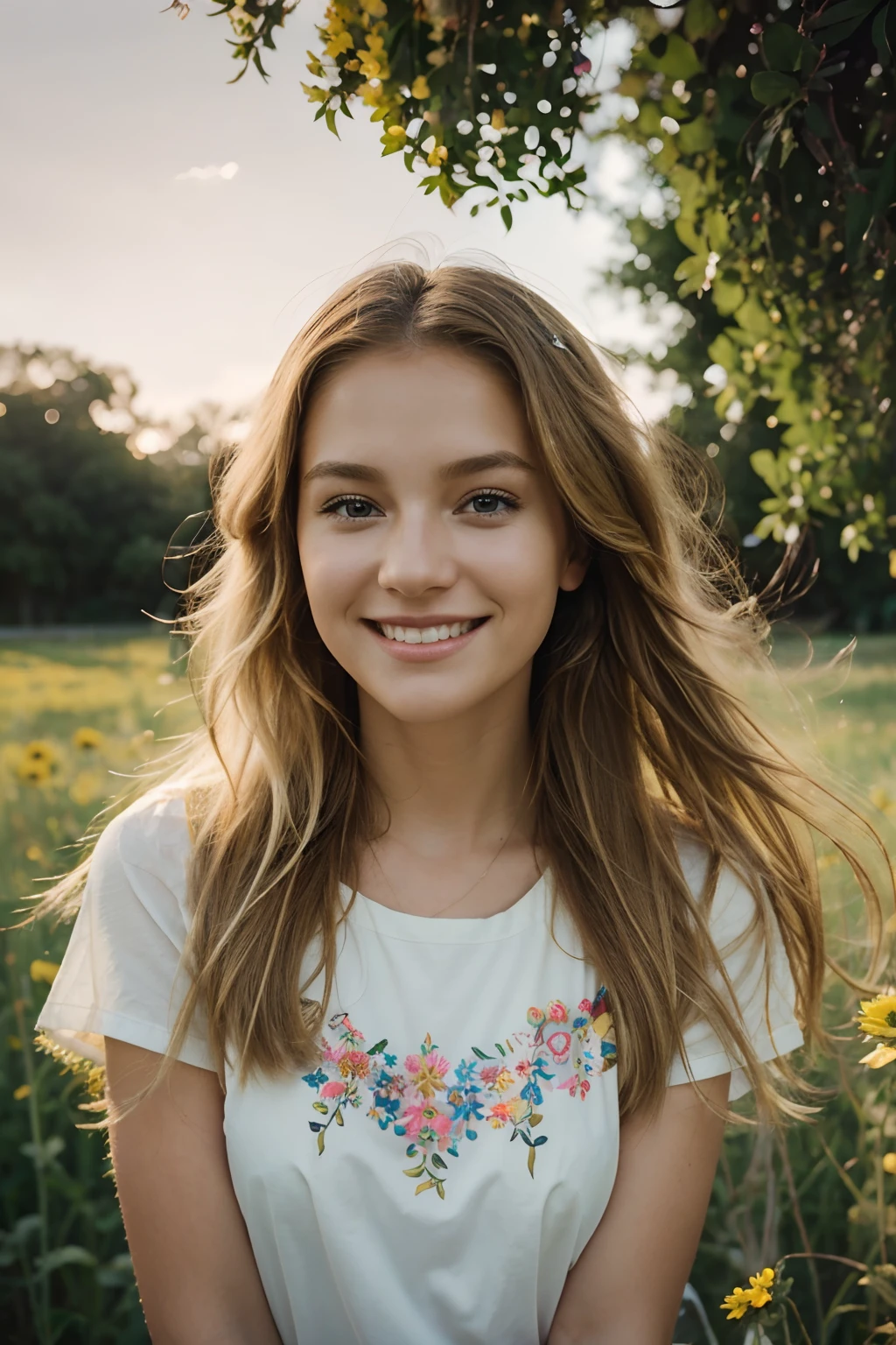 {{A vibrant depiction of a blond girl}} with {sun-kissed hair flowing in the wind}. This {cheerful and lively} image showcases {the girl's youthful energy and carefree spirit}. The environment/background should be {a sunlit meadow with wildflowers in bloom} to create {a sense of joy and nature's beauty}. In the style of {a colorful digital illustration}, drawing inspiration from {the girl's vivaciousness} and artist Mary Blair's whimsical artwork, the {medium shot} captured with {a wide-angle} lens will provide {a balanced and engaging} view. The lighting should be {warm and radiant}, emphasizing {the golden tones of the girl's hair and the enchanting meadow}. The desired level of detail is {meticulous} with a {600dpi} resolution, highlighting {the girl's joyful expression and intricate flower details}. Create {a captivating and heartwarming} image that evokes {the simple pleasures of life}.