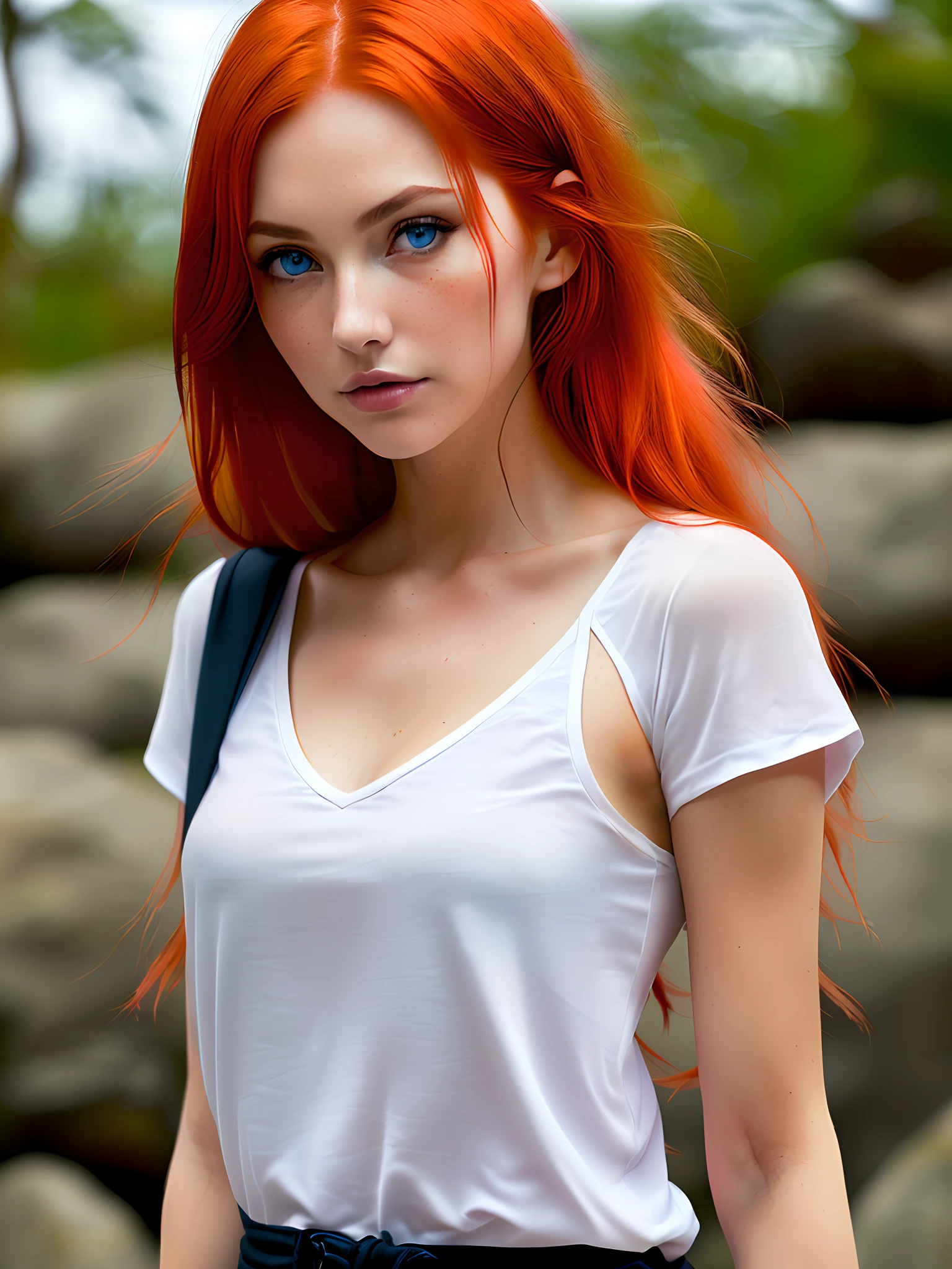 With her fiery red hair cascading like molten silk, slender fit build . lightly tanned skin. bright blue eyes