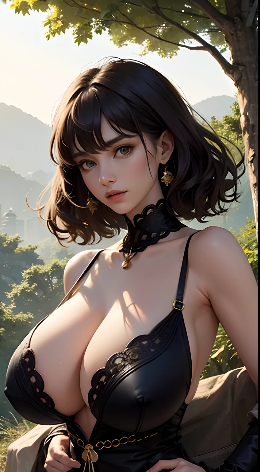 8K, Best quality, Masterpiece, Highly detailed, Half realistic, A girl, A girl, 20 years old, looking over hands, long and dark brown hair，By bangs, Curly hair, Green eyes, Black Japanese cut clothes, White pants, Bare shoulders, golden detailing, Thin figure, Cold expression, Battle scenes, Outdoors, Forest background, There are a lot of trees and dark sky,((huge tit，gigantic cleavage breasts))