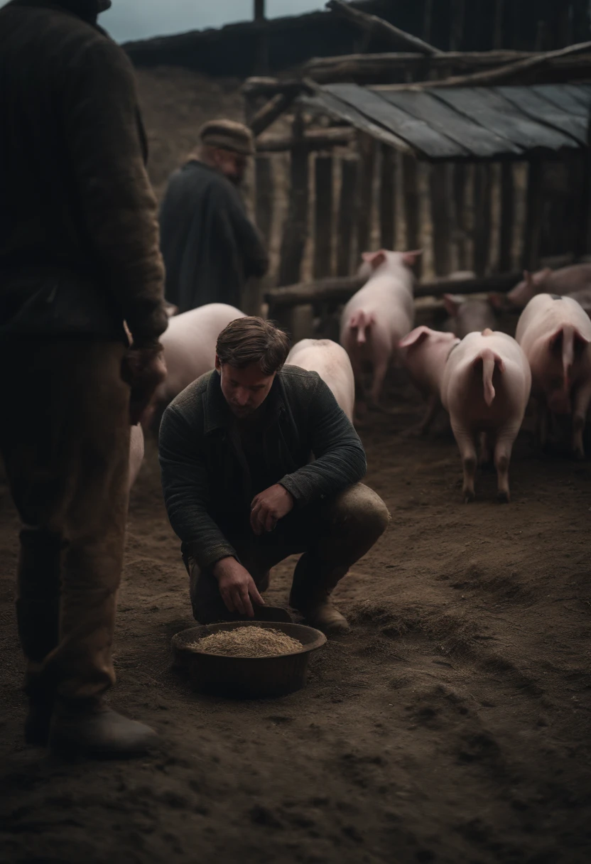 kneeling on the ground in front of a dirty manger, feeding hungry pigs