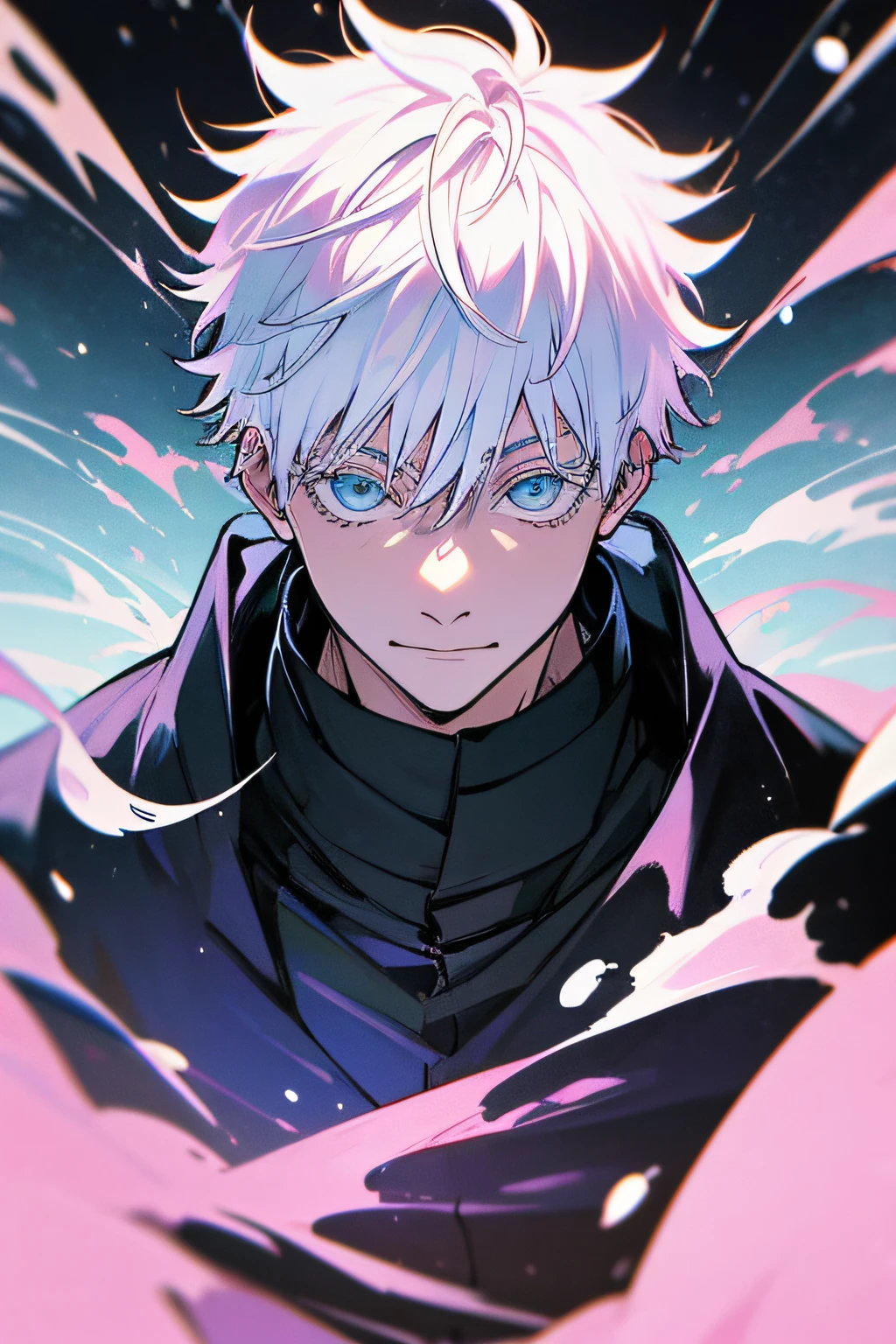 Satoru Gojou do jujutsu kaisen, Olhando para a frente, retrato, master part, vetores em segundo plano, olhos azuis brilhantes, arte de linha colorida brilhante, design de camiseta, fundo em branco