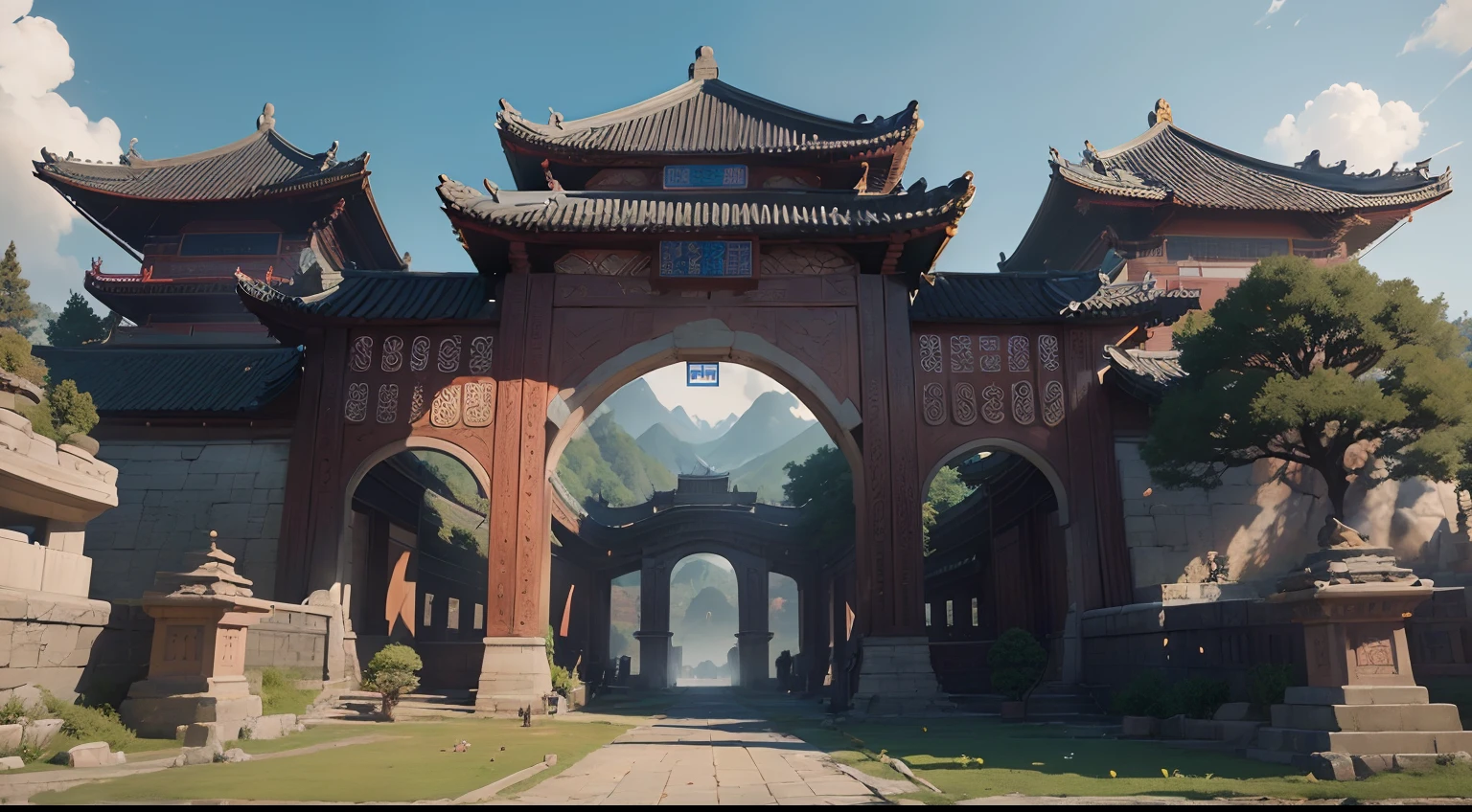 ((masterpiece)), (8k, high_resolution), (best quality), ultra-detailed, beautiful clouds, beautiful landscape, beautiful plants and trees, detailed forest,<mmorpgs scene, mmo, zenithal view, pc screenshot, ingame image, tamriel, longspear, imperial city in the distance, inspired by Sheng Maoye, high quality screenshot,there are statues of men standing in front of a gate, fortress gateway, beautiful render of tang dynasty, chinese palace, giant majestic archways, ingame image, giant archways, large temples, huge gate, torri gate, inspired by Zhang Sengyao, heise jinyao, inspired by Lu Zhi, chinese three kingdoms, inspired by Dong Yuan