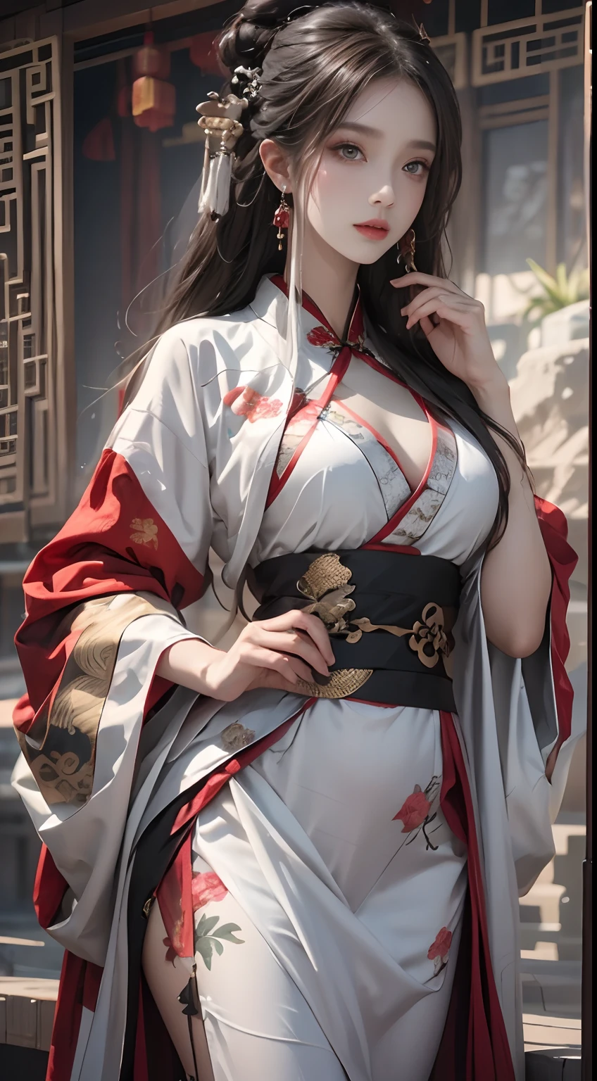 Photorealistic, High resolution, 1 woman, hips up high, Beautiful eyes, Long hair, Ringed Eyes, Jewelry, The tattoo, Hanfu, chinese fairy, Taoist uniform、kimono