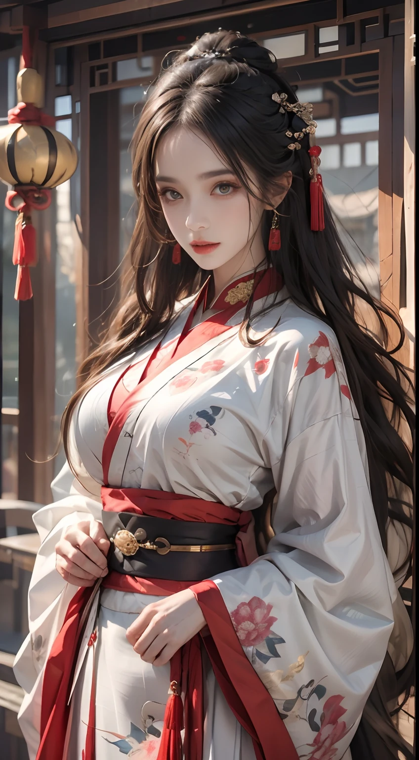 Photorealistic, High resolution, 1 woman, hips up high, Beautiful eyes, Long hair, Ringed Eyes, Jewelry, The tattoo, Hanfu, chinese fairy, Taoist uniform、kimono