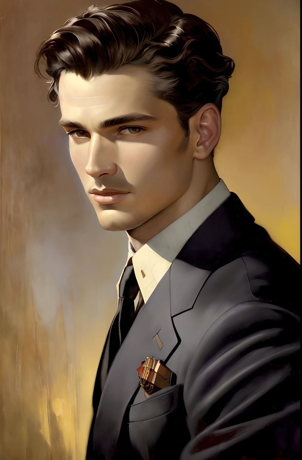(Masterpiece) portrait of a heavenly handsome Hugo Boss male model in 1940s, beautiful painting with highly detailed face by Alphonse Mucha, Craig Mullins, Greg Rutkowski, magali villanueve, (the most beautiful portrait in the world:1.5)