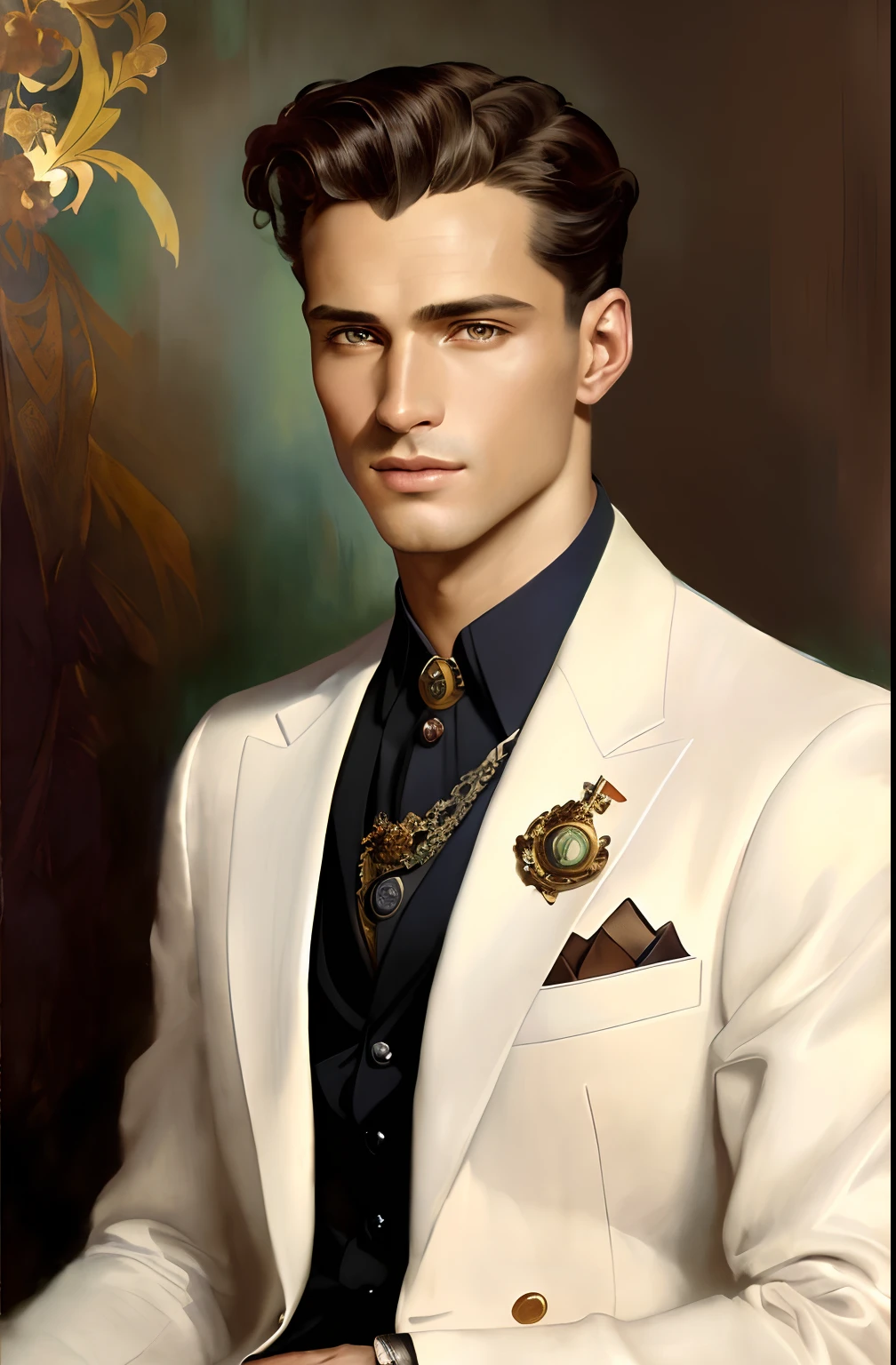 (Masterpiece) portrait of a heavenly handsome Hugo Boss male model in 1940s, beautiful painting with highly detailed face by Alphonse Mucha, Craig Mullins, Greg Rutkowski, magali villanueve, (the most beautiful portrait in the world:1.5)