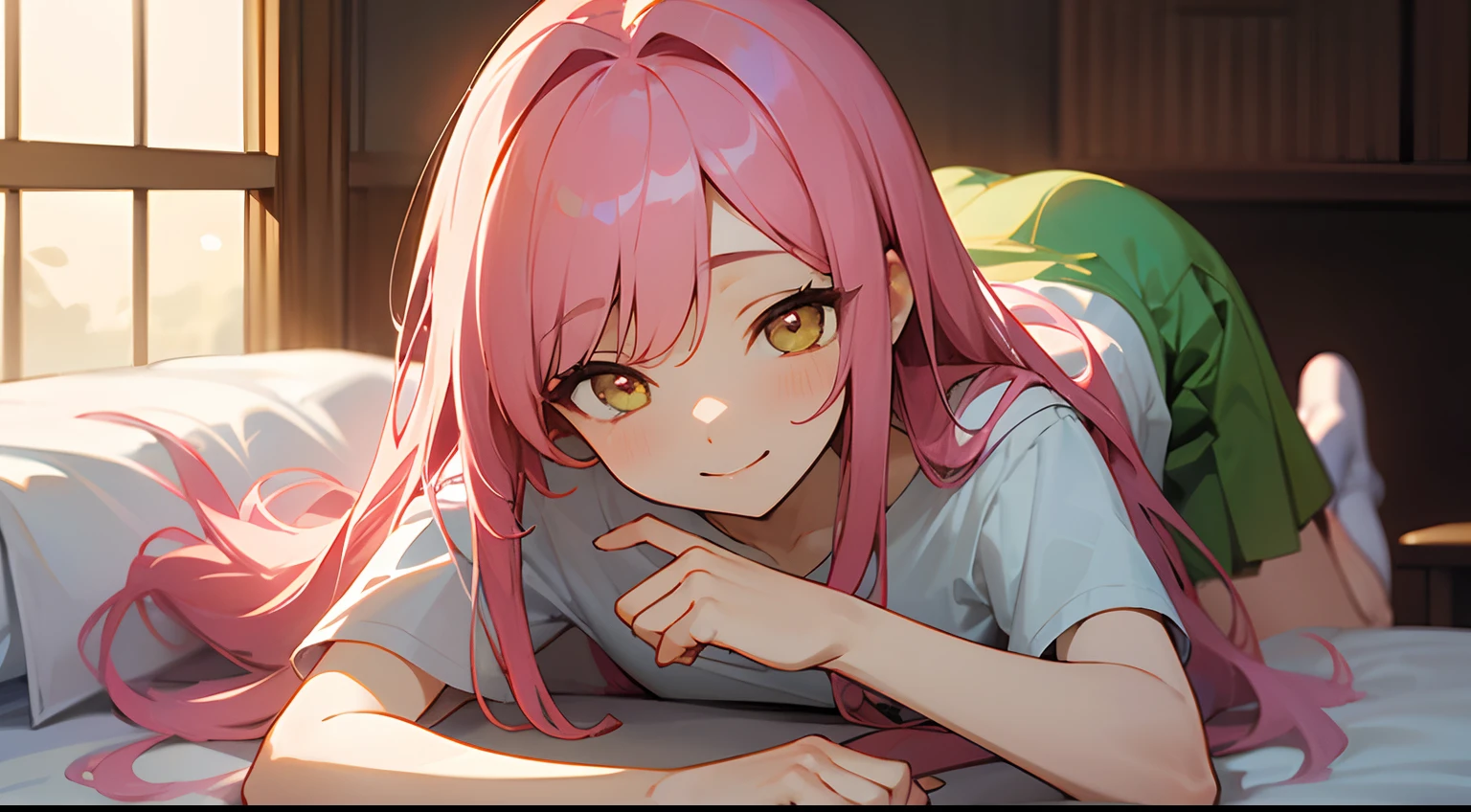 Fluffy semi-long pink hair、Golden Eyes、a beauty girl、Plain white T-shirt、Green skirt、A smile、On the massage bed、Lying face down、Massage parlor、POV、NSFW、
