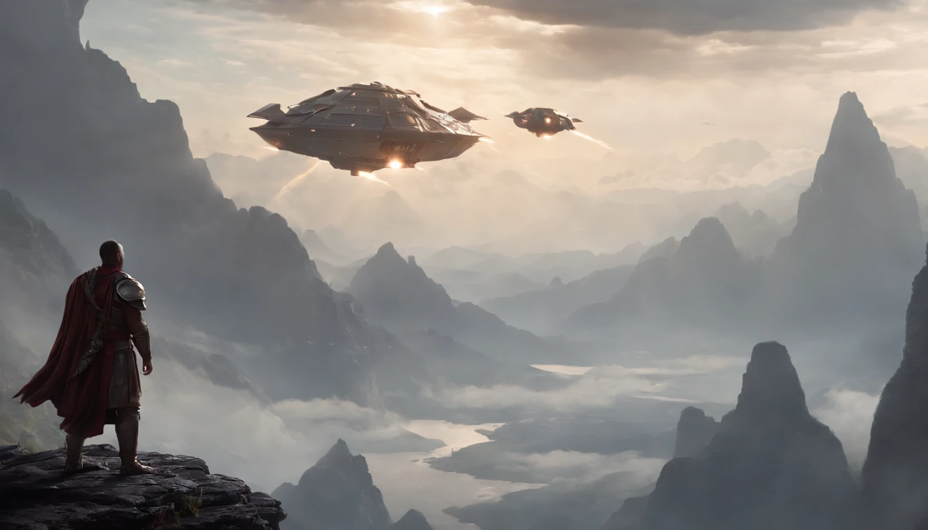 A couple Fighter Spaceship flying over a silhouette of an old warrior father with his daughter from Vietnam who are standing on a mountain with the wind blowing the daughters hair and the fathers jacket, concept art wallpaper 4k, sci-fi fantasy wallpaper, sci fi artwork, detailed sci-fi art, beautiful sci fi art, spaceships in the cloudy sky, concept art artwork masterpiece, concept art 4k, concept art 4 k, sci fi concept art, mystical sci-fi concept art