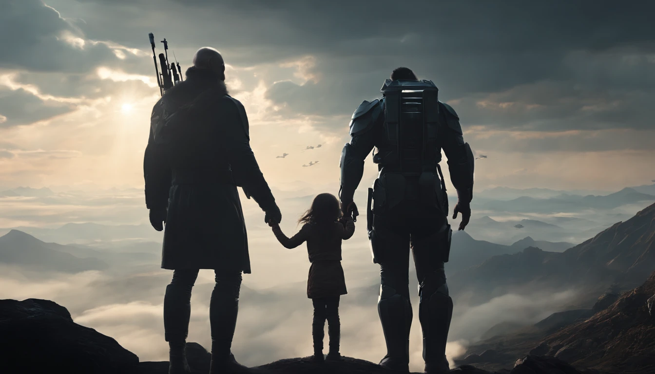 A couple Fighter Spaceship flying over a silhouette of an old warrior father with his daughter from Vietnam who are standing on a mountain with the wind blowing the daughters hair and the fathers jacket, concept art wallpaper 4k, sci-fi fantasy wallpaper, sci fi artwork, detailed sci-fi art, beautiful sci fi art, spaceships in the cloudy sky, concept art artwork masterpiece, concept art 4k, concept art 4 k, sci fi concept art, mystical sci-fi concept art
