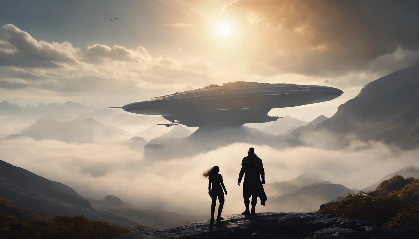 A couple Fighter Spaceship flying over a silhouette of an old warrior father with his daughter from Vietnam who are standing on a mountain with the wind blowing the daughters hair and the fathers jacket, concept art wallpaper 4k, sci-fi fantasy wallpaper, sci fi artwork, detailed sci-fi art, beautiful sci fi art, spaceships in the cloudy sky, concept art artwork masterpiece, concept art 4k, concept art 4 k, sci fi concept art, mystical sci-fi concept art