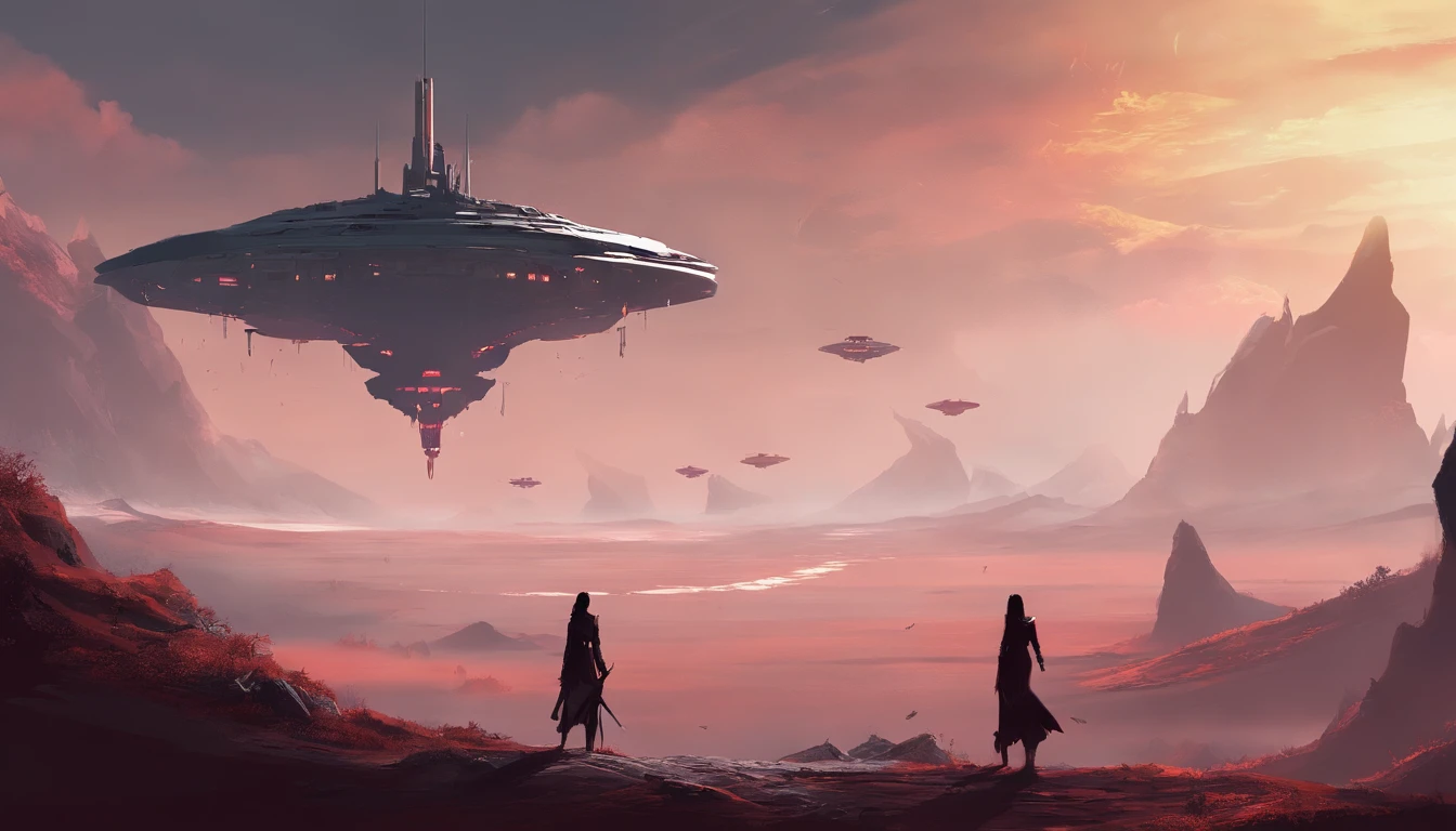 A couple Fighter Spaceship flying over a silhouette of an old warrior father with his daughter from Vietnam who are standing on a mountain with the wind blowing the daughters hair and the fathers jacket, concept art wallpaper 4k, sci-fi fantasy wallpaper, sci fi artwork, detailed sci-fi art, beautiful sci fi art, spaceships in the cloudy sky, concept art artwork masterpiece, concept art 4k, concept art 4 k, sci fi concept art, mystical sci-fi concept art