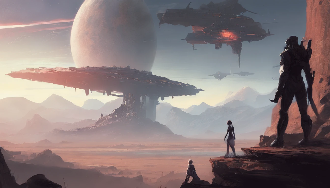 A couple Fighter Spaceship flying over a silhouette of an old warrior father with his daughter from Vietnam who are standing on a mountain with the wind blowing the daughters hair and the fathers jacket, concept art wallpaper 4k, sci-fi fantasy wallpaper, sci fi artwork, detailed sci-fi art, beautiful sci fi art, spaceships in the cloudy sky, concept art artwork masterpiece, concept art 4k, concept art 4 k, sci fi concept art, mystical sci-fi concept art