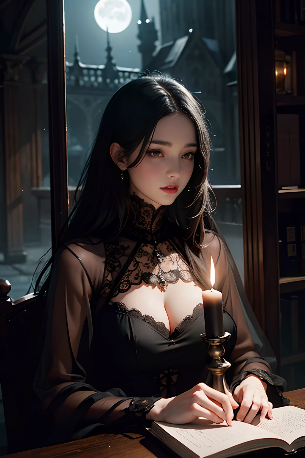 Official Art, Unity 8k wallpaper, super detailed, beautiful, beautiful, masterpiece, best quality,
darkness, atmosphere, mystery, romanticism, creepy, literature, art, fashion, victorian, decoration, intricacies, ironwork, lace, contemplation, emotional depth, supernatural, 1 girl, solo, neck, bust composition,  full body, beautiful girl dressed in black, transparent clothing showing naked body, black clothing with Victorian lace, small breasts visible, transparent fabric showing naked body of beautiful girl, interior of gothic temple, lamp and candles and lantern, antique clock in wall, night light, illuminated face, fantasy, mystery, fog, full moon, cloudy sky, book on marble pedestal, magic book of wisdom, huge mirror with iron frame,  beautiful woman centered in the foreground of the scene, naked lady with black tunic, long black hair, black lipstick, thick and juicy lips, well detailed eyes, golden eyes,