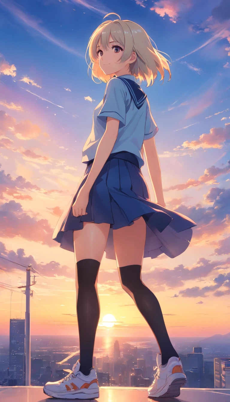 best qualtiy, tmasterpiece, 超高分辨率, realisticlying, 1 girl,(long white hair),Heterochromic pupils,(ssmile)(JK skirt), Light black stockings,athletic sneakers,Fantastic blue sky,Looking Up The Sky,wide angles
