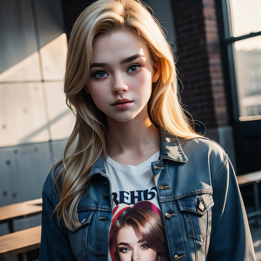 dramatic lighting, girl, beautiful, pretty, best render, realistic, teenage, blonde, posing, great body, upper body portrait, sfw, clothes, regularly dressed, jacket, t shirt