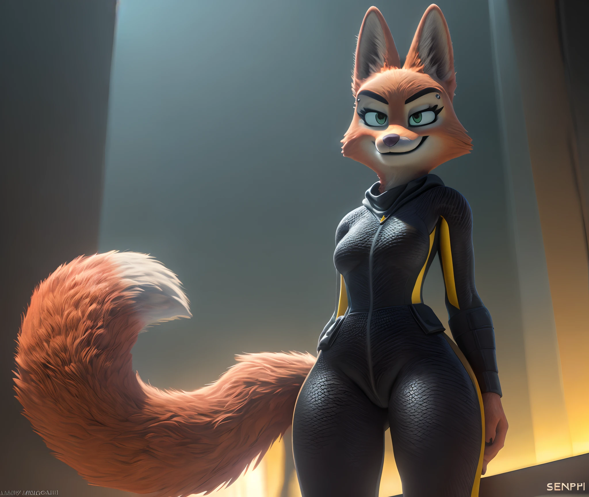 [Diane Foxington], [Uploaded to e621.net; (Foxovh), (Pixelsketcher), (w4g4)], [Uploaded to twitter.com; (@senip)], ((masterpiece)), ((HD)), ((High quality)), ((solo portrait)) ((front view)), ((furry; anthro fox girl)), ((detailed fur)), ((detailed shading)), ((beautiful render art)), ((reflective lighting)), {anthro fox; orange fur, pink nose, fox tail, (beautiful green gradient half-closed eyes), (gorgeous hips), (smug grin)}, {(black bodysuit), (tight spandex black pants yellow lines), (eye piercing; LEFT eye)}, {(standing), (looking at viewer)}, [background; (museum), (ambient lighting)]