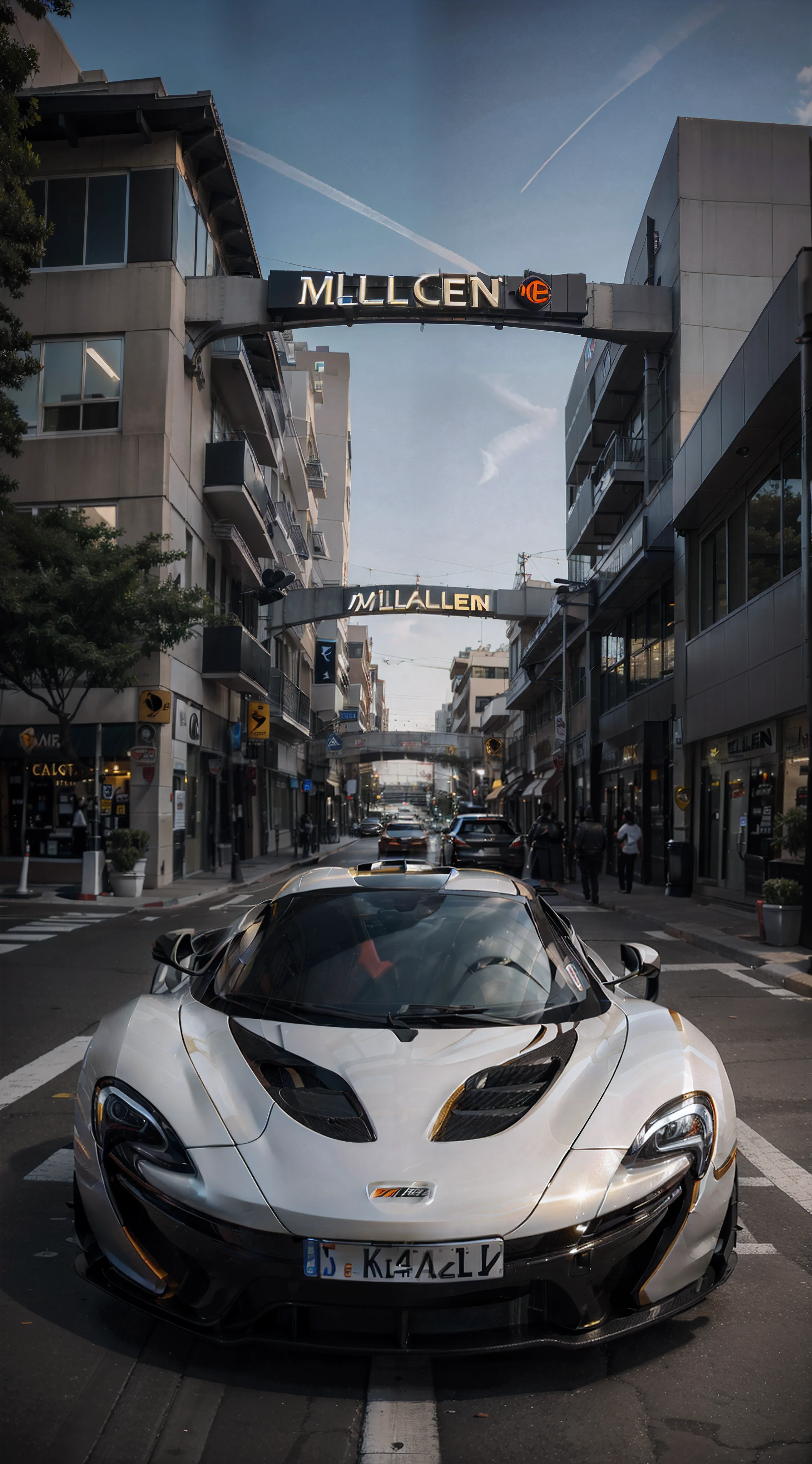 White McLaren P1 with carbon body work, gold rims, McLaren is parked in the city night of Los Ángeles, clear details,