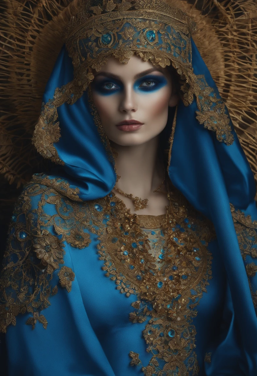 Esqueleto, jaqueta azul, olhos azuis.