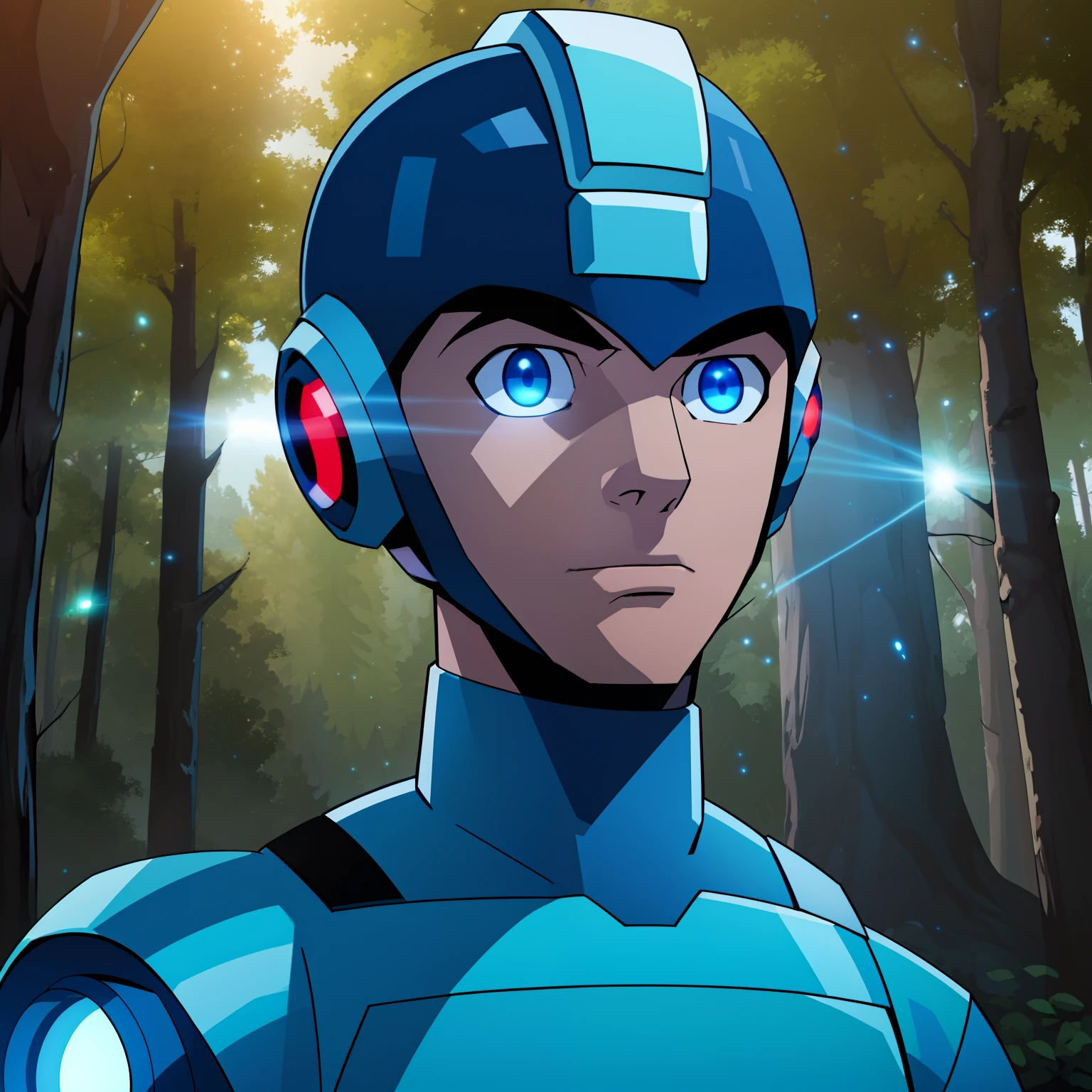 ((masterpiece, best quality)),(complex light), 1boy,solo, portrait,  megaman,  helmet,blue eyes, bodysuit, forest, glowing eyes, light particles,