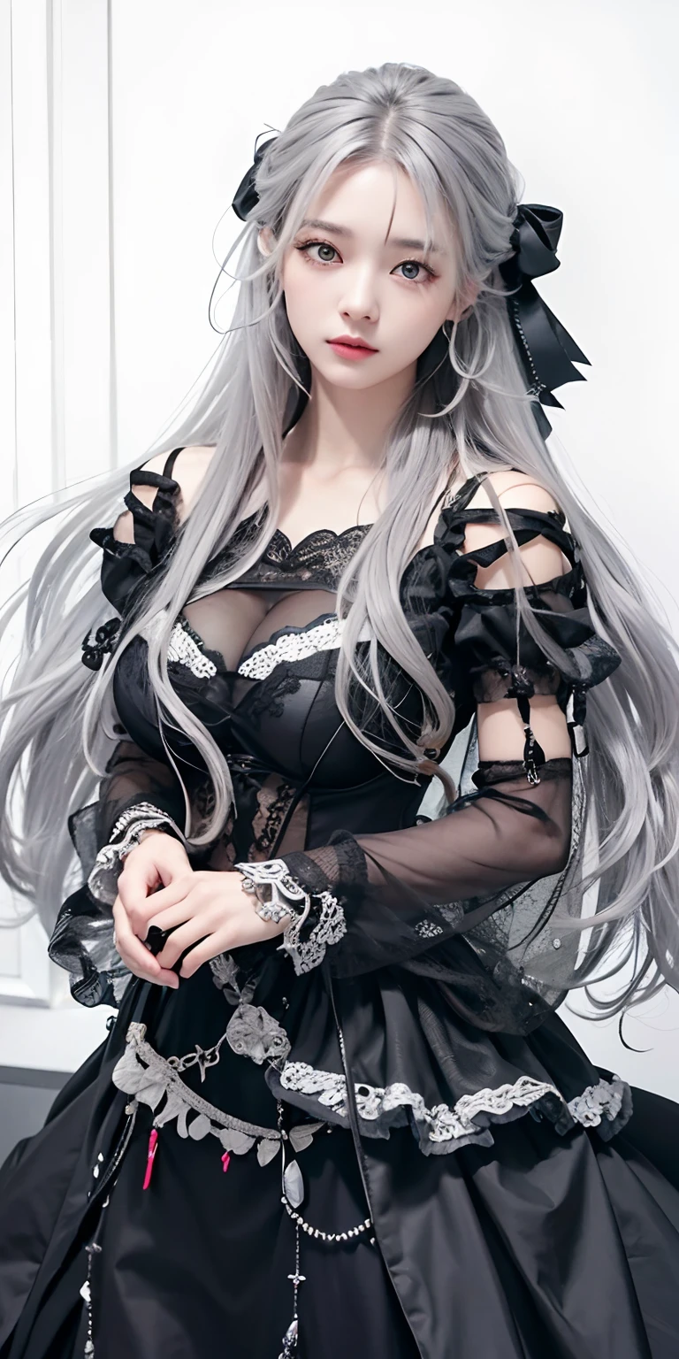1girl,big breast,gray hair, silver eyes,black clothes, ultra detailed, masterpiece, realistic