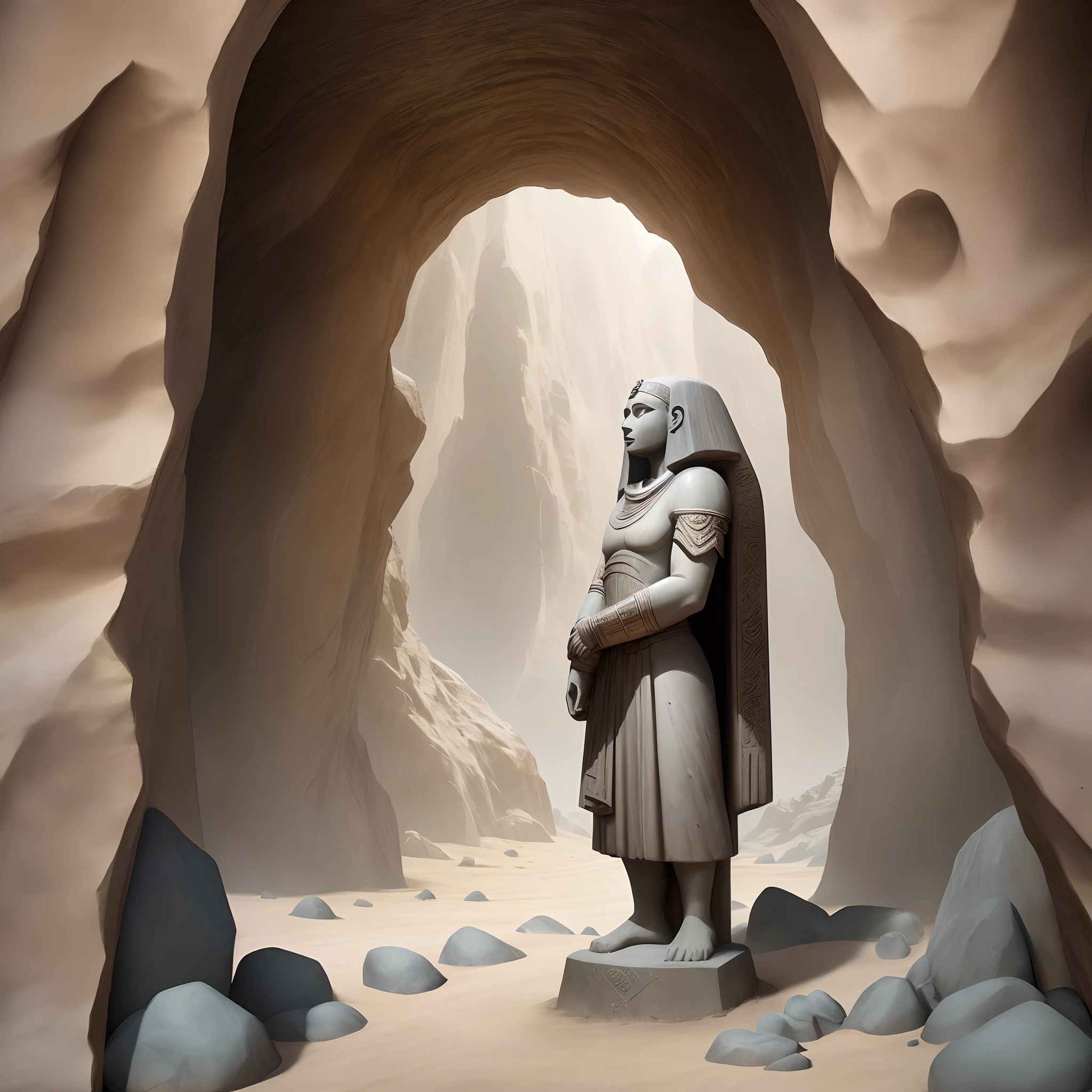stone arafed statue of a man standing in a narrow cave, stone eyes, cinematography by denis villeneuve, sphinx in the distance, union (2012), stillage from a music video, secret society of the emperor, by youssef howayek, detailed terrain texture, shot in imax, blocktober, tombs