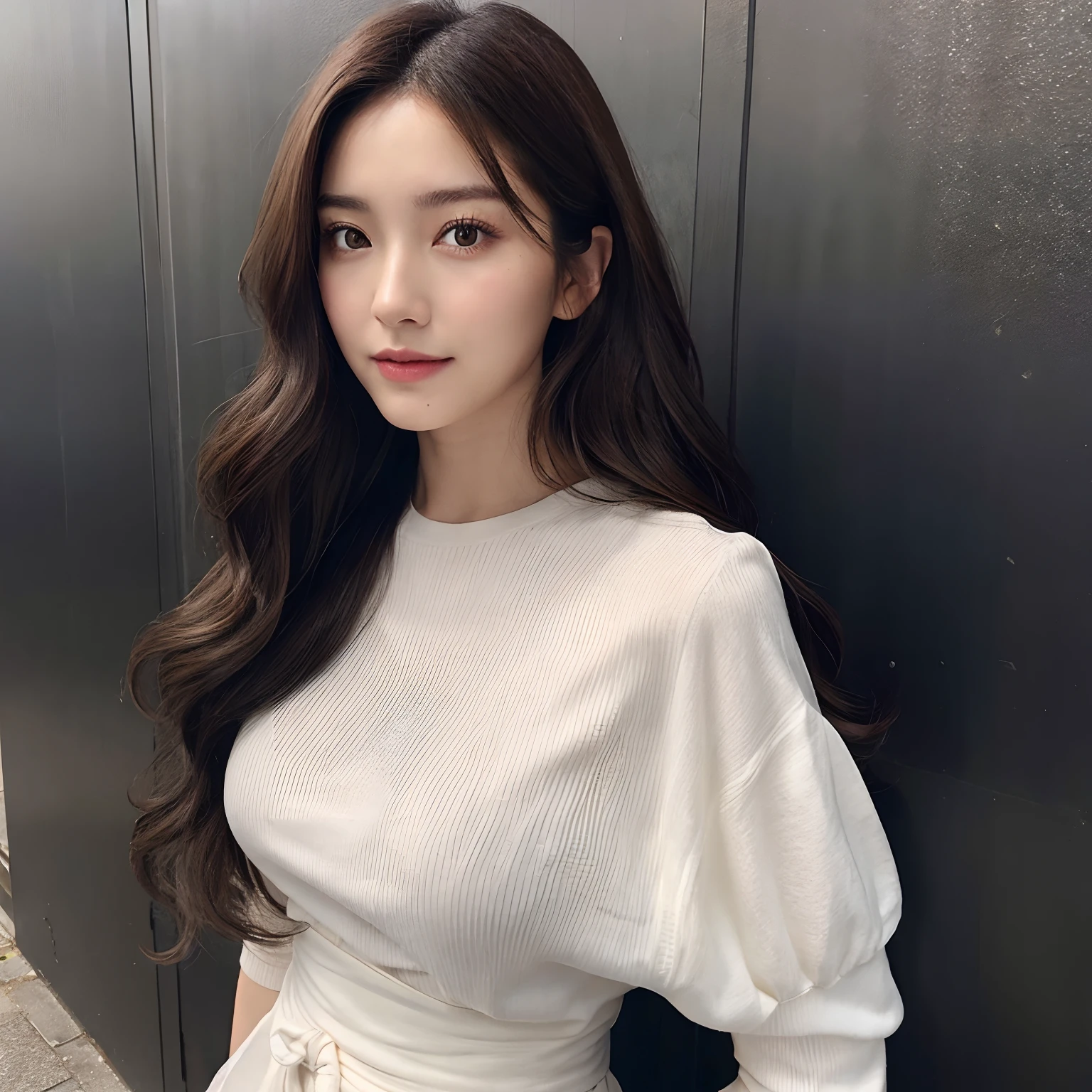 loose wavy hair、dark brown hair、Photo from the waist up、A model that looks close to a real person、Clothes with white sleeves