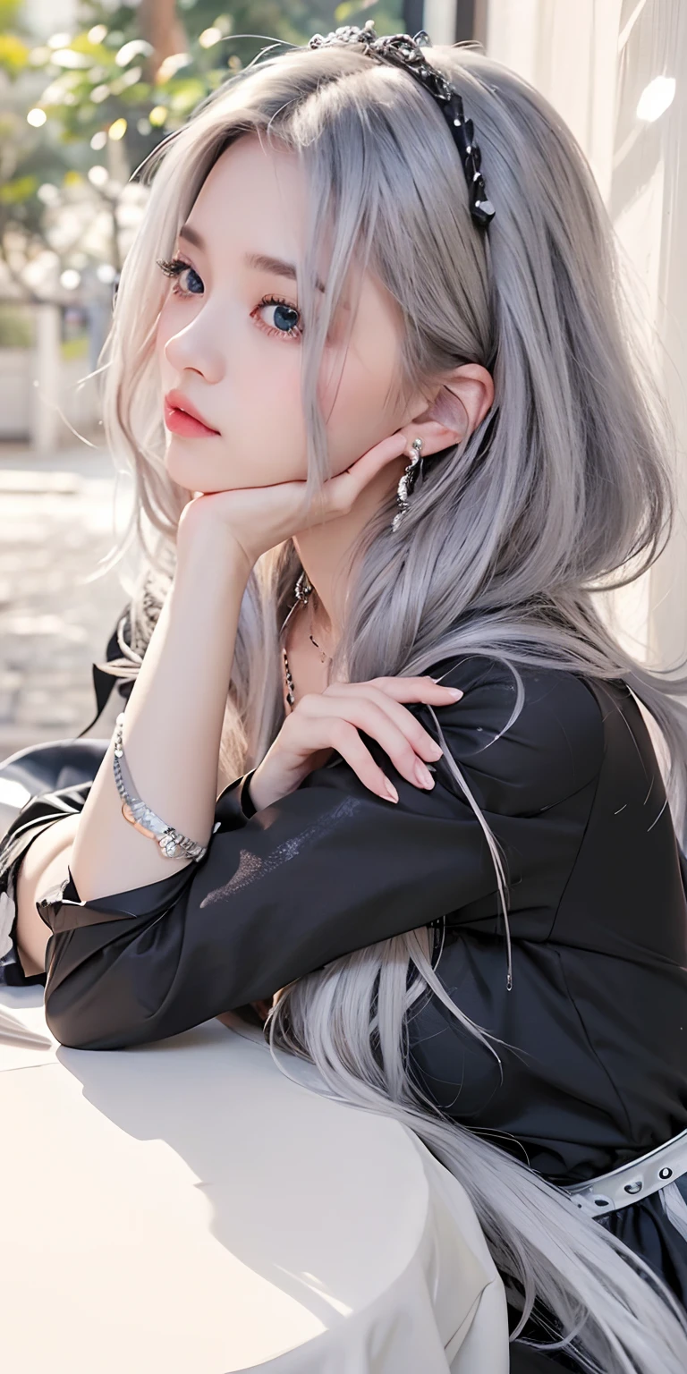 1girl,huge breast,gray hair, silver eyes, black dress, ultra detailed, masterpiece, realistic