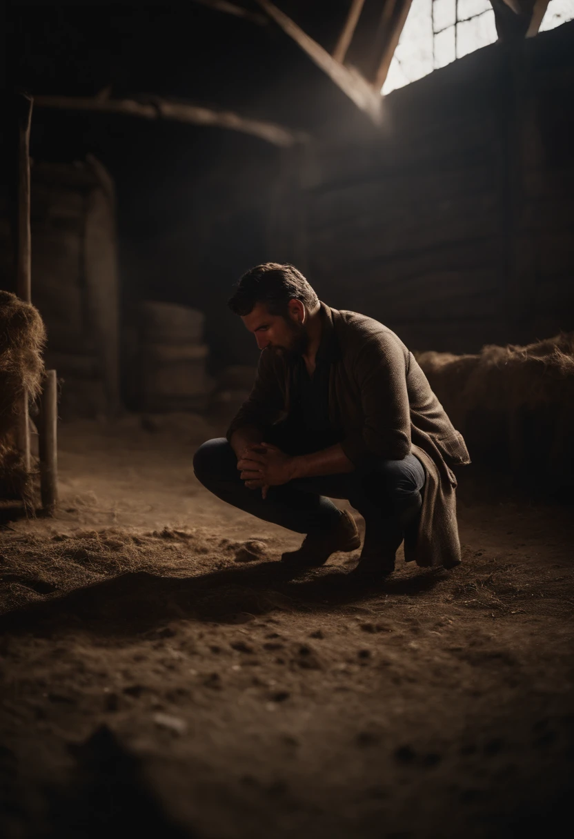 Kneeling on the ground in front of a dirty manger, alimentando porcos famintos 8k hiper-realista
