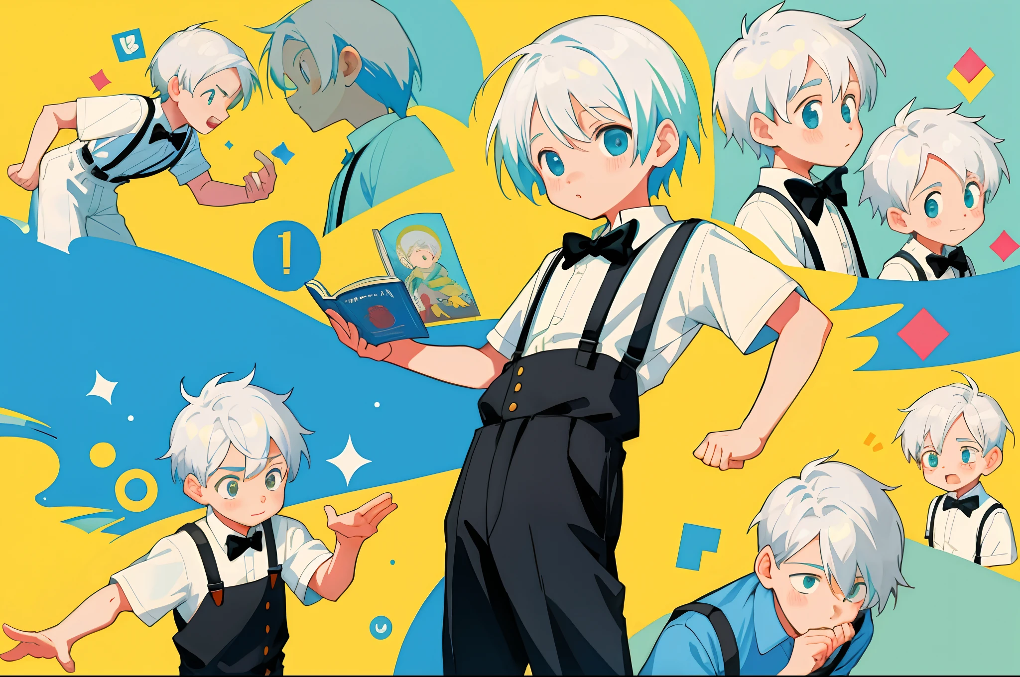 younge boy,multiple postures and expressions,Children's book illustration style,، simple,adolable,full-color,Black suspenders,White color hair,flatcolors,