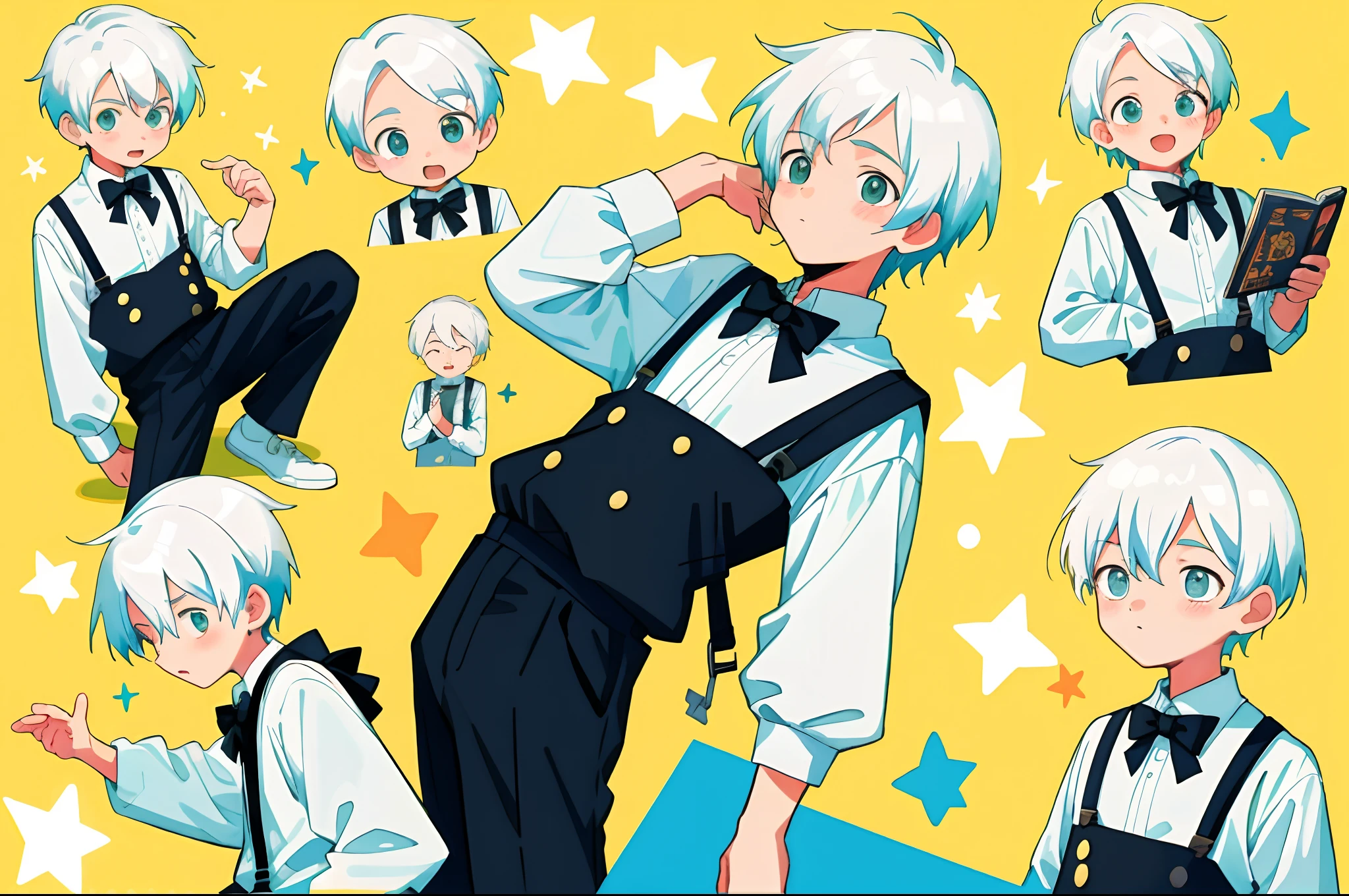 younge boy，multiple postures and expressions，Children's book illustration style，، simple，adolable，full-color，Black suspenders，White color hair，flatcolors，