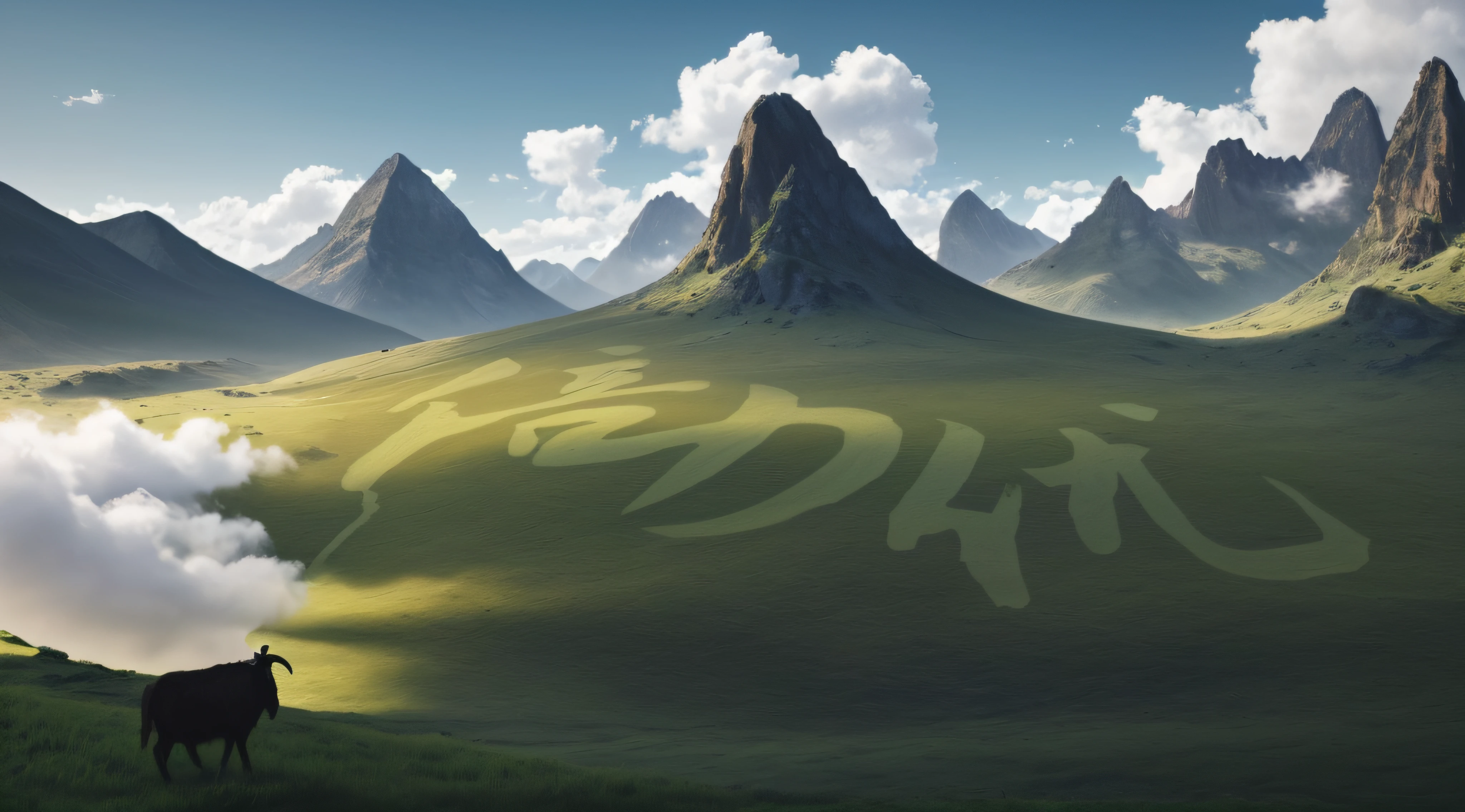 Large green meadows,Green is vivid,green mountains,Mountain climbers,with blue sky and white clouds,Flock of goats,k hd,Delicate details,detail-rich,8k