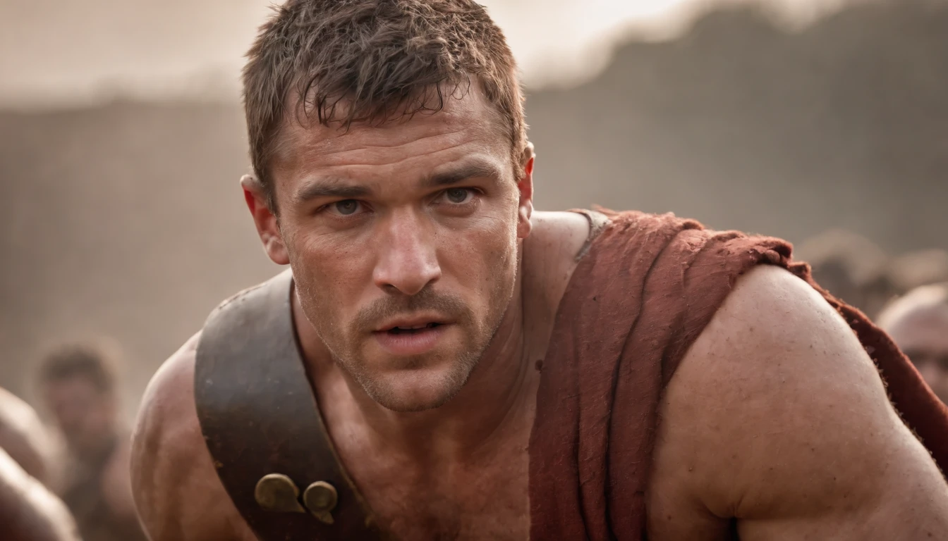 a fierce muscular Gladiator, dirty, blood, hurt,