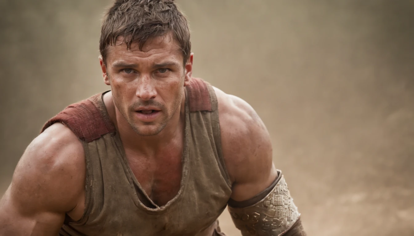 a fierce muscular Gladiator, dirty, blood, hurt,