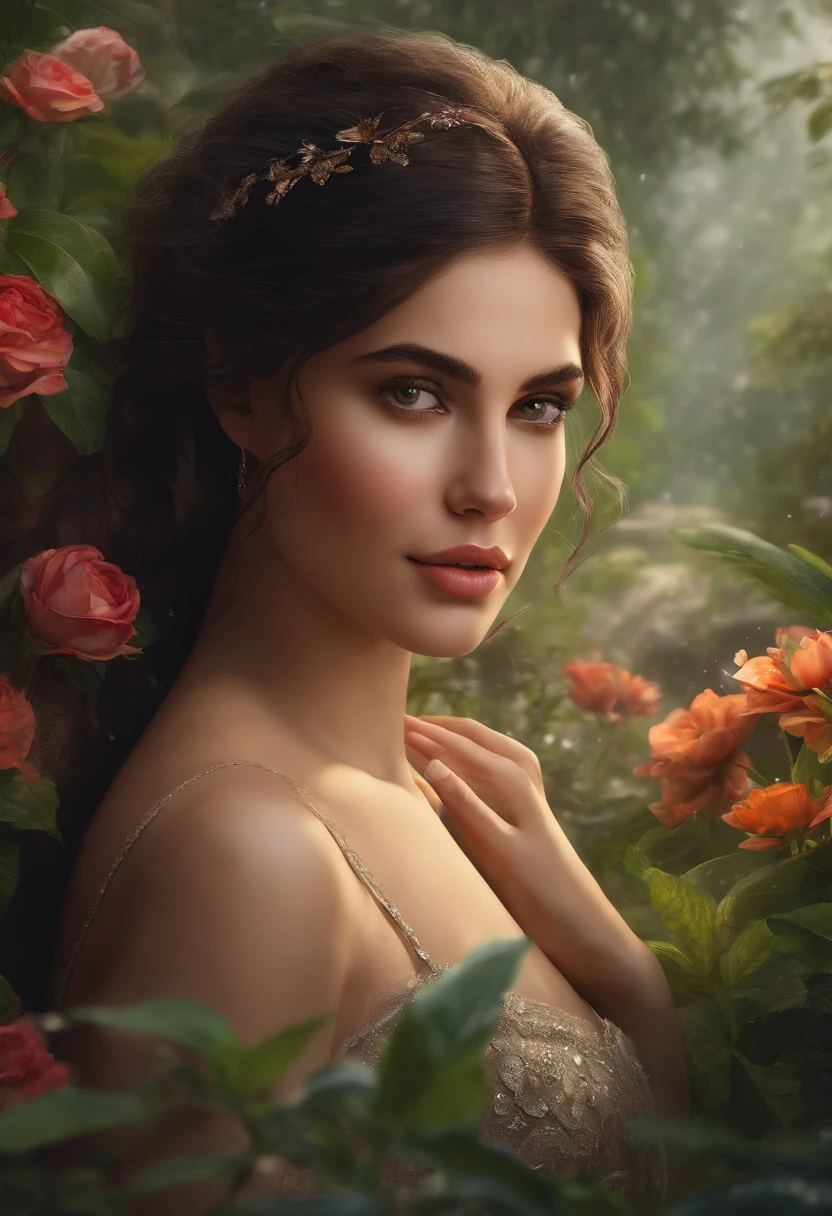 A girl with beautiful detailed eyes, beautiful detailed lips, and an extremely detailed face stands in a lush garden. She is surrounded by vibrant flowers, tall trees, and a flowing river. The girl's mesmerizing eyes reflect the realistic and photorealistic rendering of the scene. The artwork showcases the best quality with 4k, 8k resolution, and high resolution. Every detail is meticulously captured, from each raindrop falling heavily to the bear's fur glistening in the wetness. The prompt portrays the professionalism of a masterful 3D rendering, as the rain pours down heavily on the bear, creating a strong and powerful atmosphere. The colors are vivid, and the lighting is carefully designed to create a sense of realism. The intense rain and the bear's nakedness add an element of rawness and vulnerability to the artwork. The overall image evokes a feeling of strength, beauty, and the unstoppable force of nature.