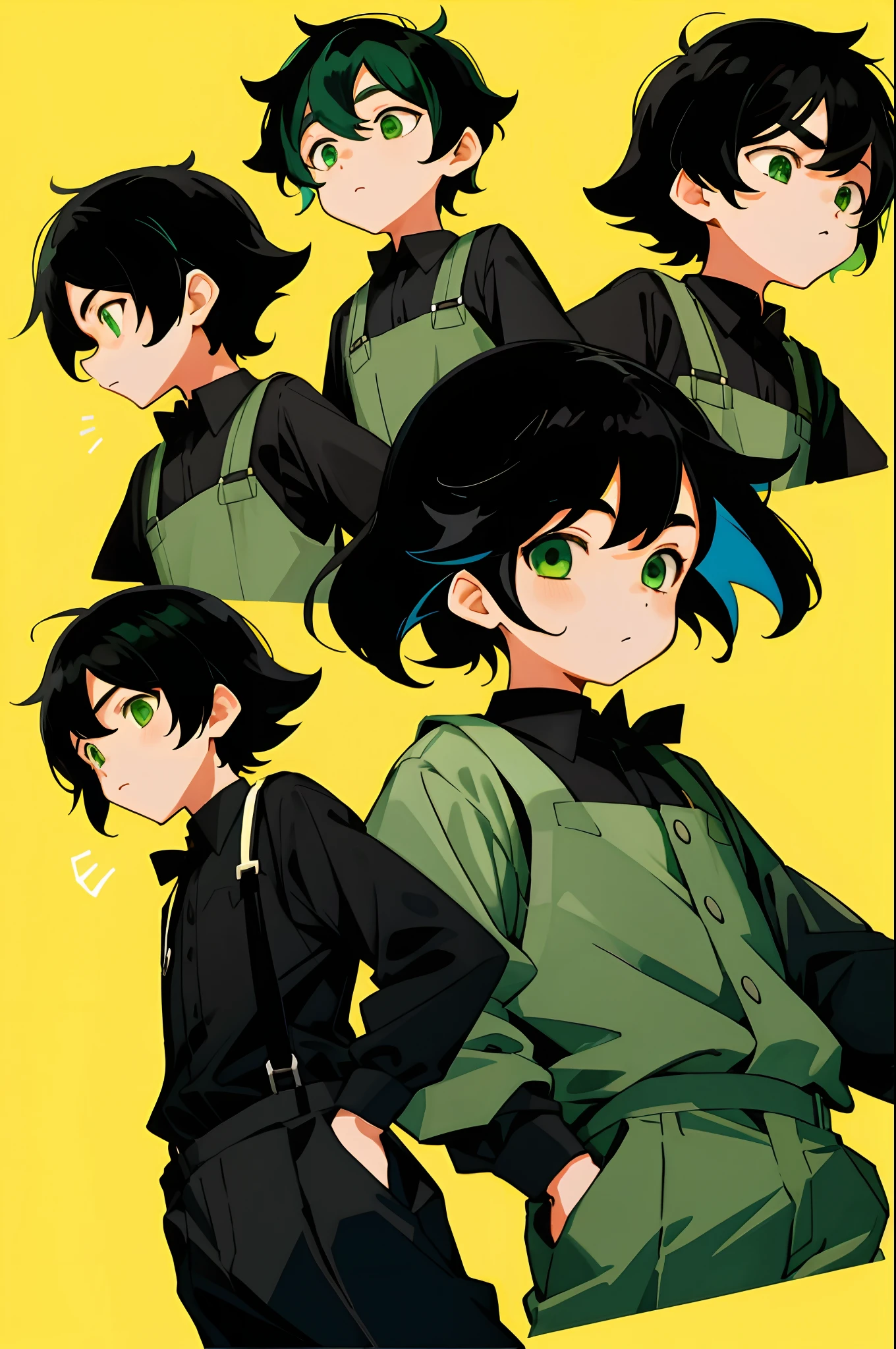 younge boy,multiple postures and expressions,Children's book illustration style,، simple,adolable,full-color,Black suspenders,Black color hair,Green eyes,flatcolors,