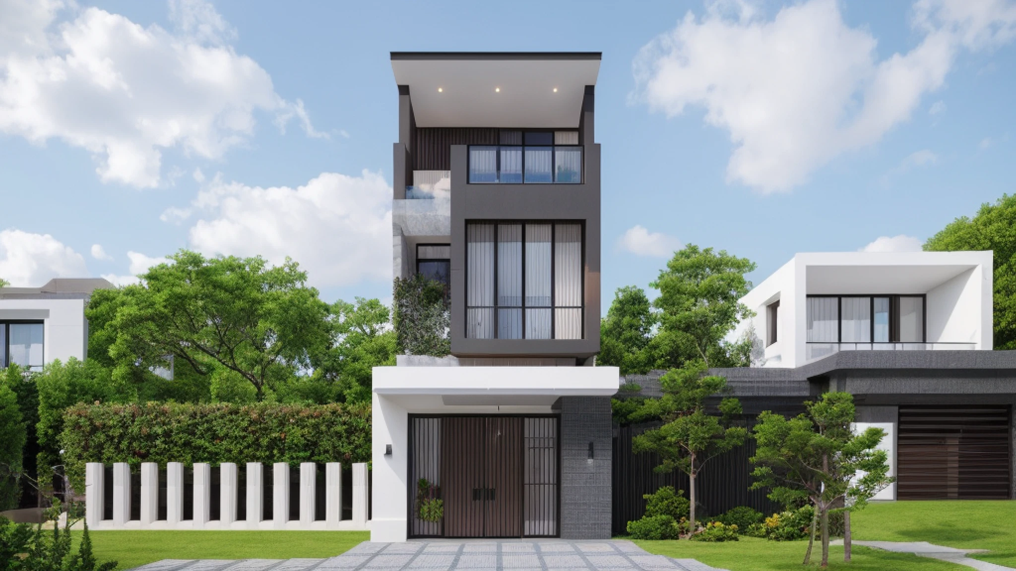 modernvilla, fully tiled, white and wood color, trees, architecture, vivid colour, masterpiece,best quality,super detailed,realistic,photorealistic, 8k, Real Photos of a building