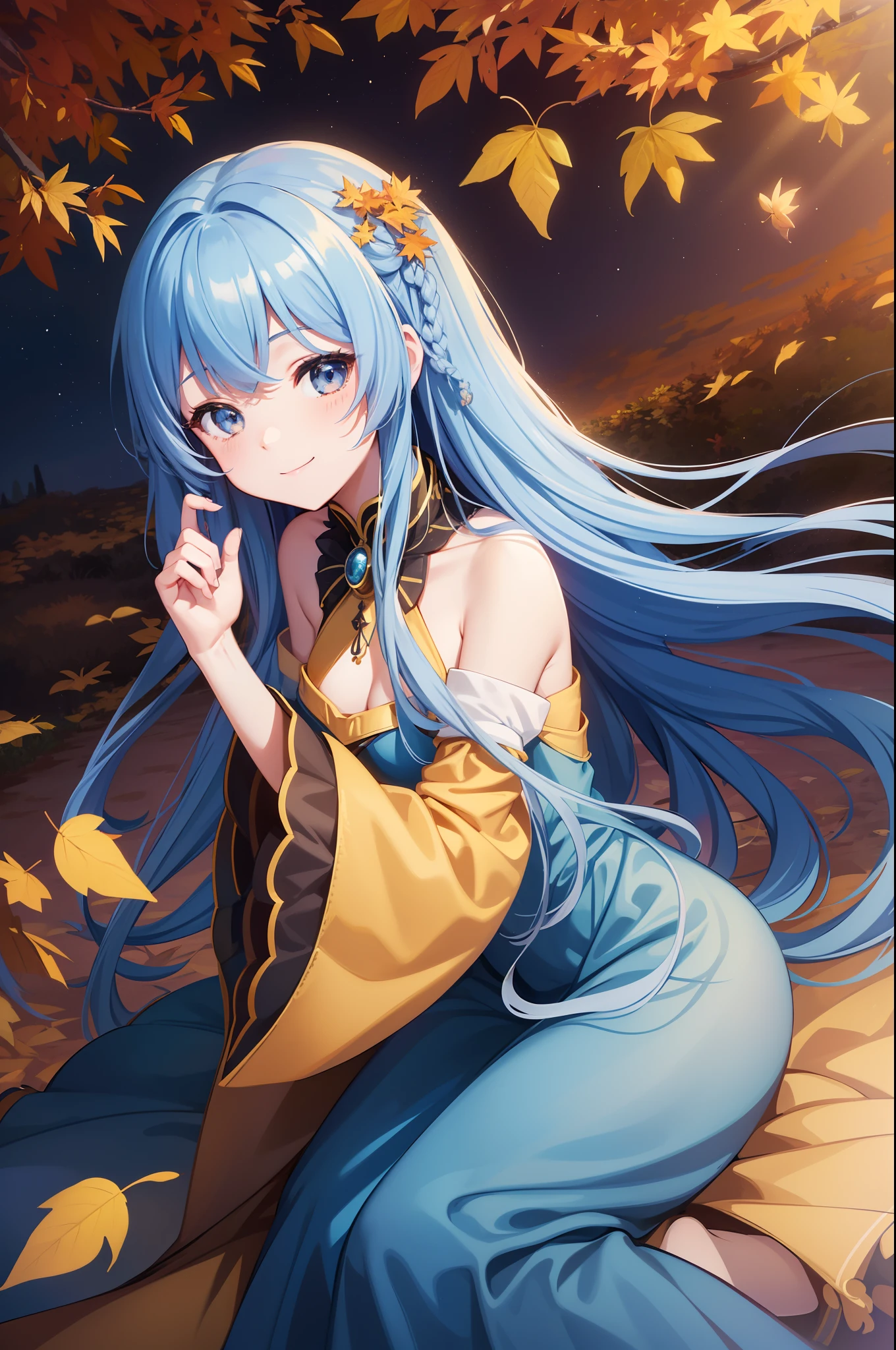 1 girl in、Long blue hair、Twin-tailed、Black eyes、adorable smiling、Drawn from a specific angle、delicate finger、beautiful ilumination、Fluffy yellow and brown long dress、Fluffy、Background with Landscape of autumn leaves at sunset(High resolution of the highest quality)、((Masterpieces of the highest quality:1.2))