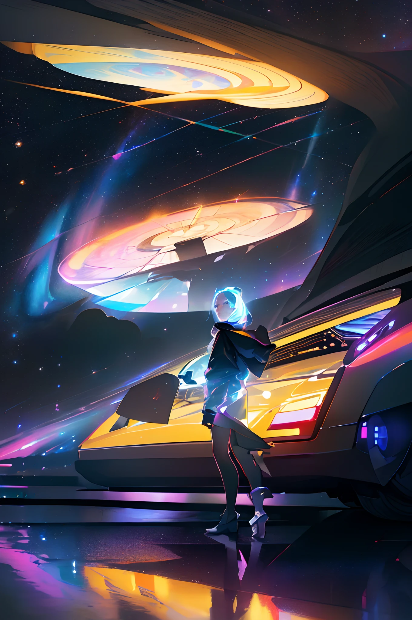 (best quality, masterpiece), Delorean time machine, multicolored lights, small details, (night sky), (reflective floor), galaxies, from side, cloud,
