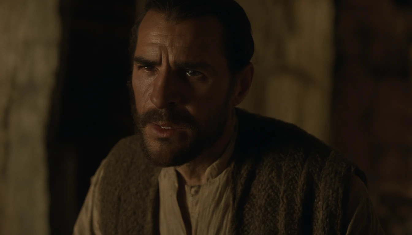 Generate an image of a stern-faced man from the time of Jesus, his expression twisted in anger as he shouts. Capture the intensity and emotions of this moment, reflecting the societal tensions and conflicts of that era. Pay attention to details like clothing and the historical setting of ancient Judea. The scene should convey the fierce determination or hostility of this character within the context of that time period.