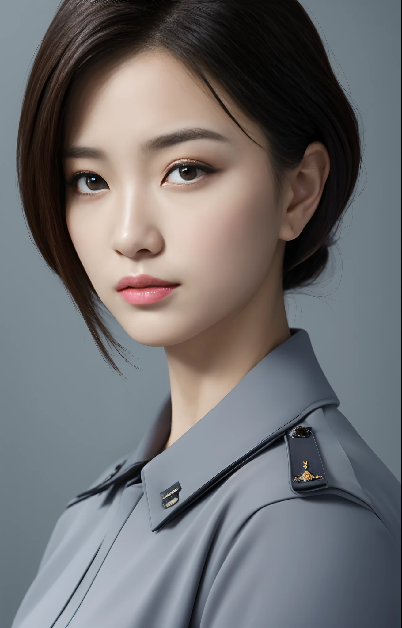 Highest image quality, outstanding details, ultra-high resolution, (realism: 1.4), ((middle shot:0.75)), highly condensed 1lady, with beautiful and a delicate face, (wearing police uniform), background simple grey wall,