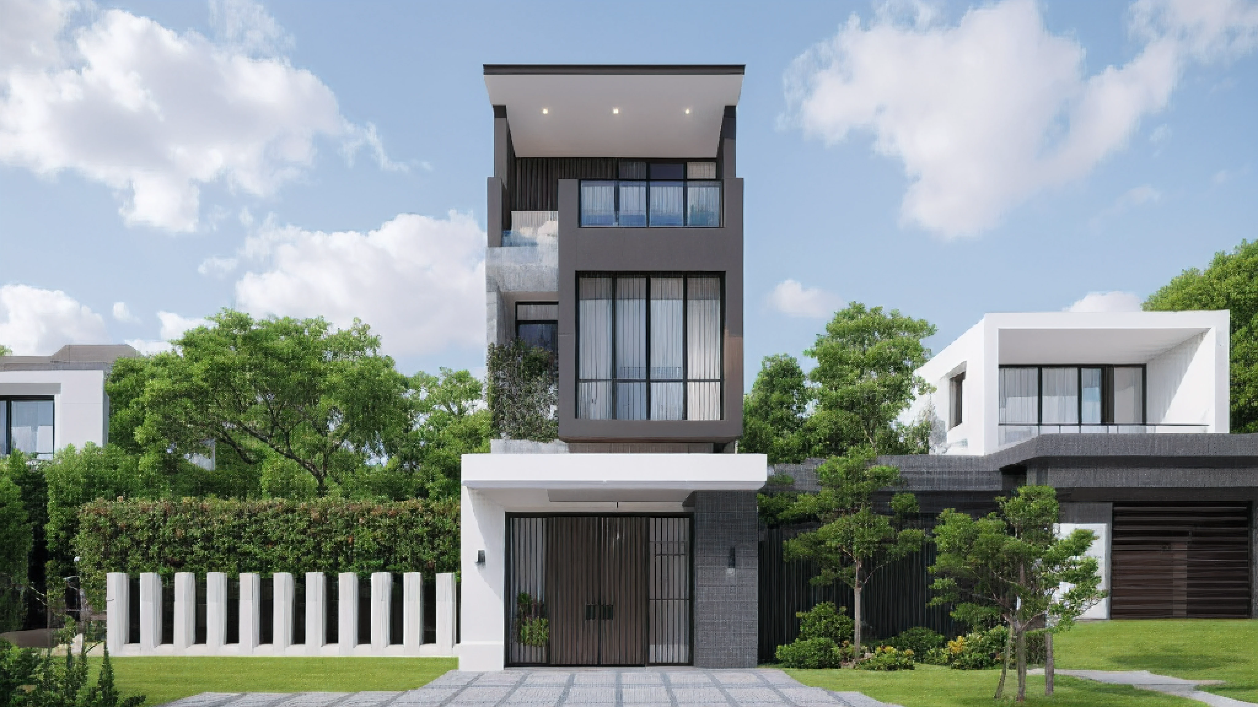 modernvilla, fully tiled, white and wood color, trees, architecture, vivid colour, masterpiece,best quality,super detailed,realistic,photorealistic, 8k, Real Photos of a building