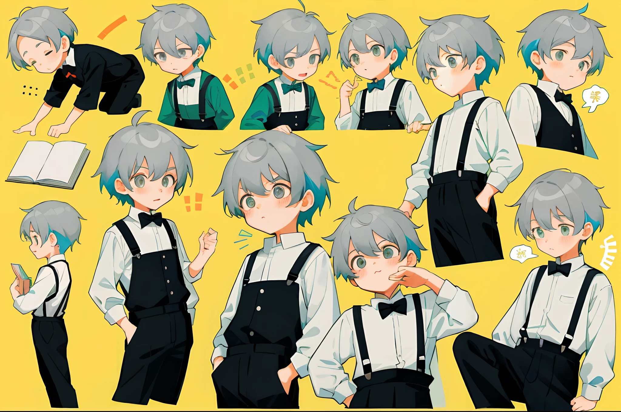 younge boy,multiple postures and expressions,Children's book illustration style,، simple,adolable,full-color,Black suspenders,Gray colored hair,flatcolors,