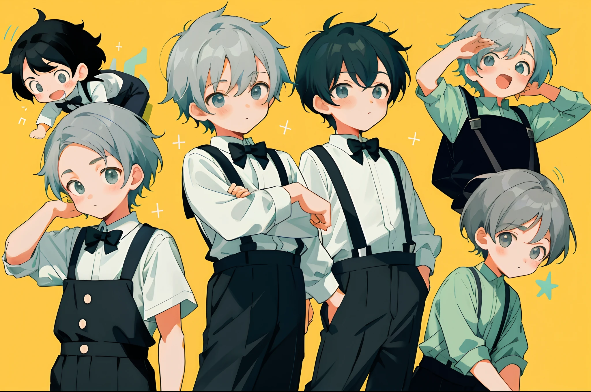 younge boy,multiple postures and expressions,Children's book illustration style,، simple,adolable,full-color,Black suspenders,Gray colored hair,flatcolors,