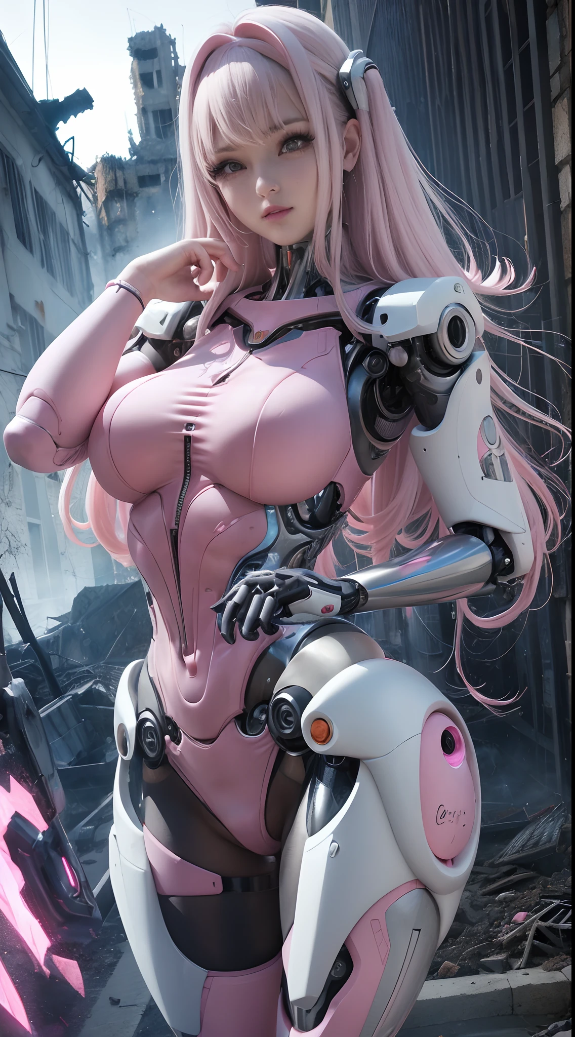 Un primer plano de una mujer con un traje rosa posando para una foto, (cuerpo cyborg ginoide:1.4), biomechanical oppai, anime robotic mixed with organic, cuerpo ginoide, Linda Chica Cyborg, highly detailed cybernetic body, girl in mecha cyber armor, Perfecto anime cyborg mujer, Chica cyborg, Chica androide perfecta, Broken hermosa mujer androide!,More detailed 8K.motor irreal:1.4,UHD,La mejor calidad:1.4, fotorrealista:1.4, textura de la piel:1.4, obra maestra:1.8,obra-prima, mejor calidad,objeto Objeto], (detailed face features:1.3),(Apocalyptic city destroyed:1.4),(cabello rosado largo:1.4),（Beautiful and detailed eye description）,(manos:1.4),(Pink Silver Robotic Suit:1.4)