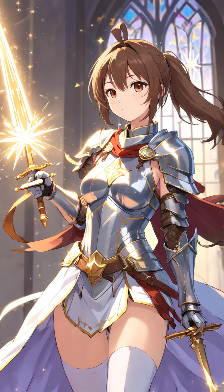Asuna, Asuna_(As estrelas), (1girll,Solo) ,fantasy, A high resolution, 19 Yo, Original, (Sheath at the waist:1.3), Smile, (White Knight Wizard Chief Cloak:1.5), Short hair, Medium breasts, view the viewer, bangs ,Hazel eye detailing, Beautiful background, ((Morning sun,Western-style private rooms)), Hands on the chest,(Brown hair,short ponytail hair:1.5), (Platinum Knight Wizard Full Armor:1.55),Short hair, standing,straight-on, abec,(full bodyesbian:1.1), white thighhighs,(abec:1.4),