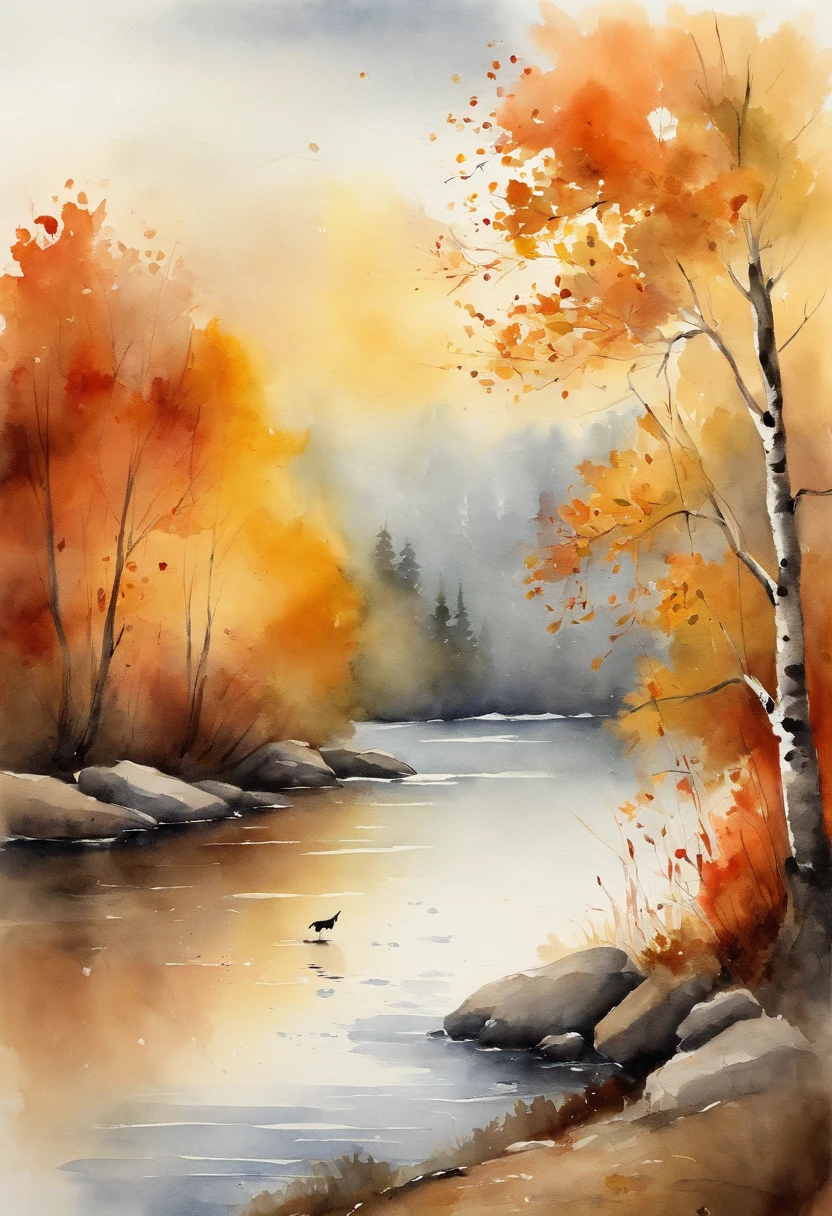 scenecy,watercolor,serene river,Old fisherman on the shore,Mountains loom in the distance,Foggy,watercolor textures, fall, autumn, (orange maple trees),(yellow maple trees), (brown striped cat)