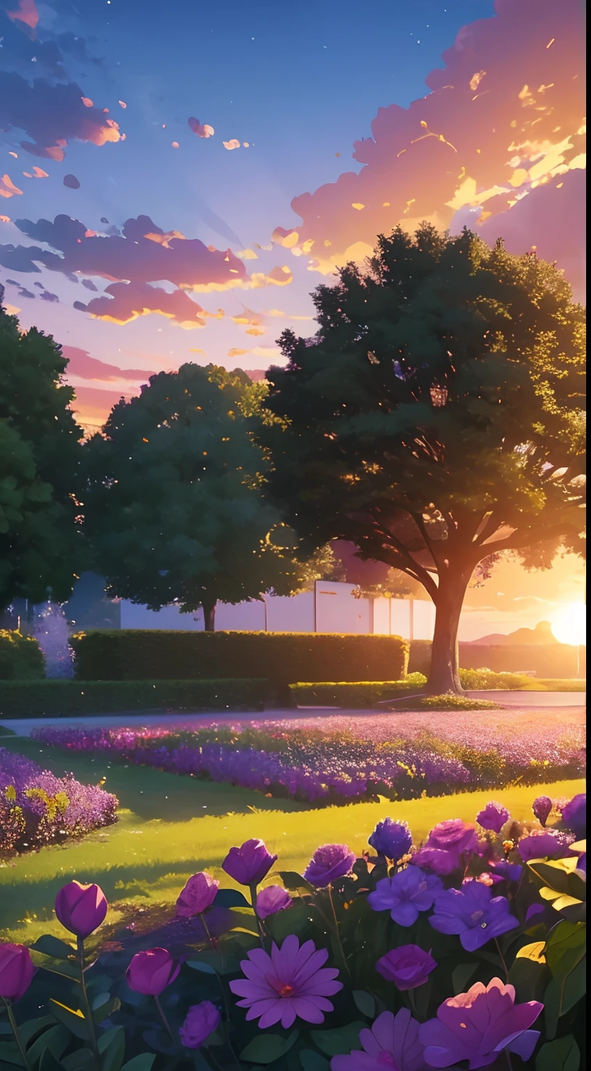 (masterpiece), beautiful  garden, sunset, The Garden of Words, gorgeous, nature, purple flowers, after rain, grass, beautiful sky, gogeous clouds, 4k, smilling, happy,happyness, soft, wallpaper,cute, hope, intricate, BREAK the image transmit a hopeful feeling, good vibes, happy atmosphere, beauty on the small details, a visual masterpiece, beautiful colors, UHD, high res,absurdes, professional image, breath taking,amaing