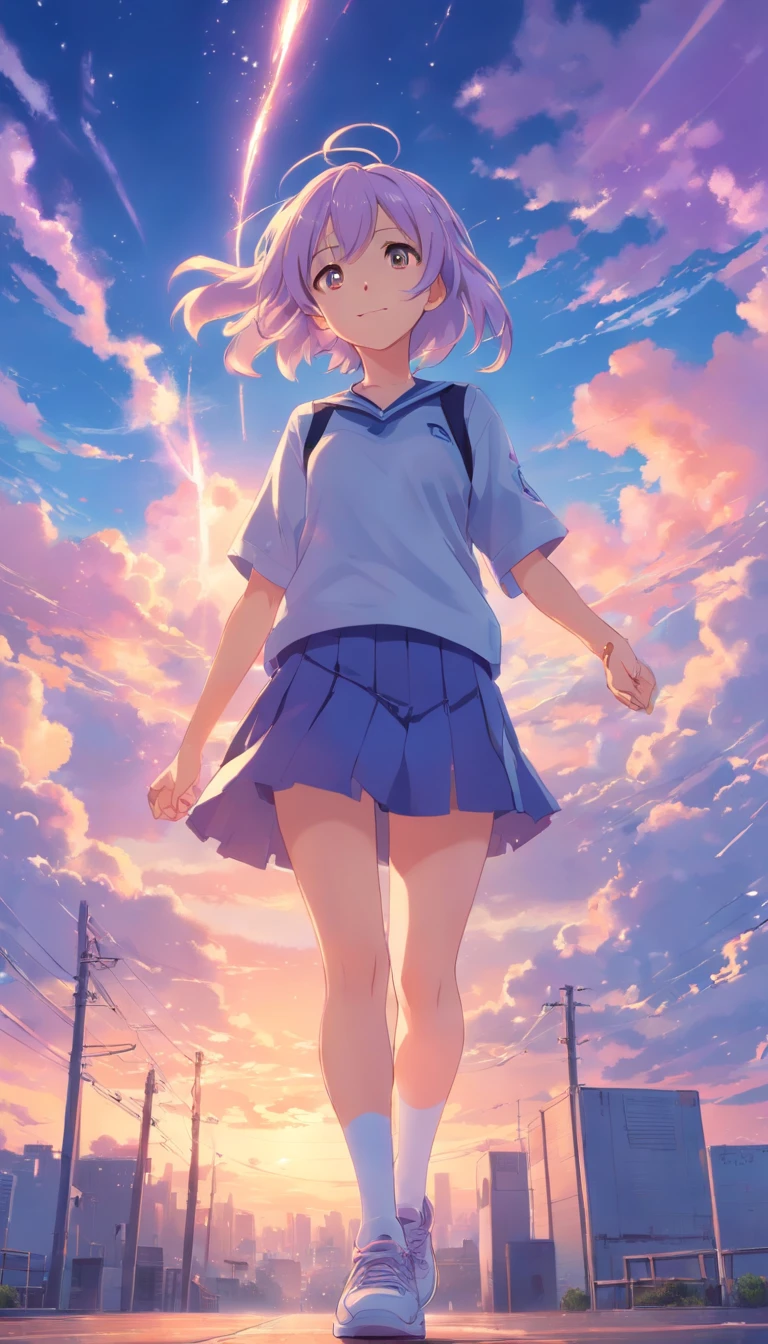 best qualtiy， tmasterpiece， 超高分辨率， realisticlying， 1 girl，（long  white hair），Heterochromic pupils，HEIGHT 168CM，（ssmile）（JK skirt）， Lilac stockings，athletic sneakers，Fantastic fire clouds，Looking Up The Sky，wide angles