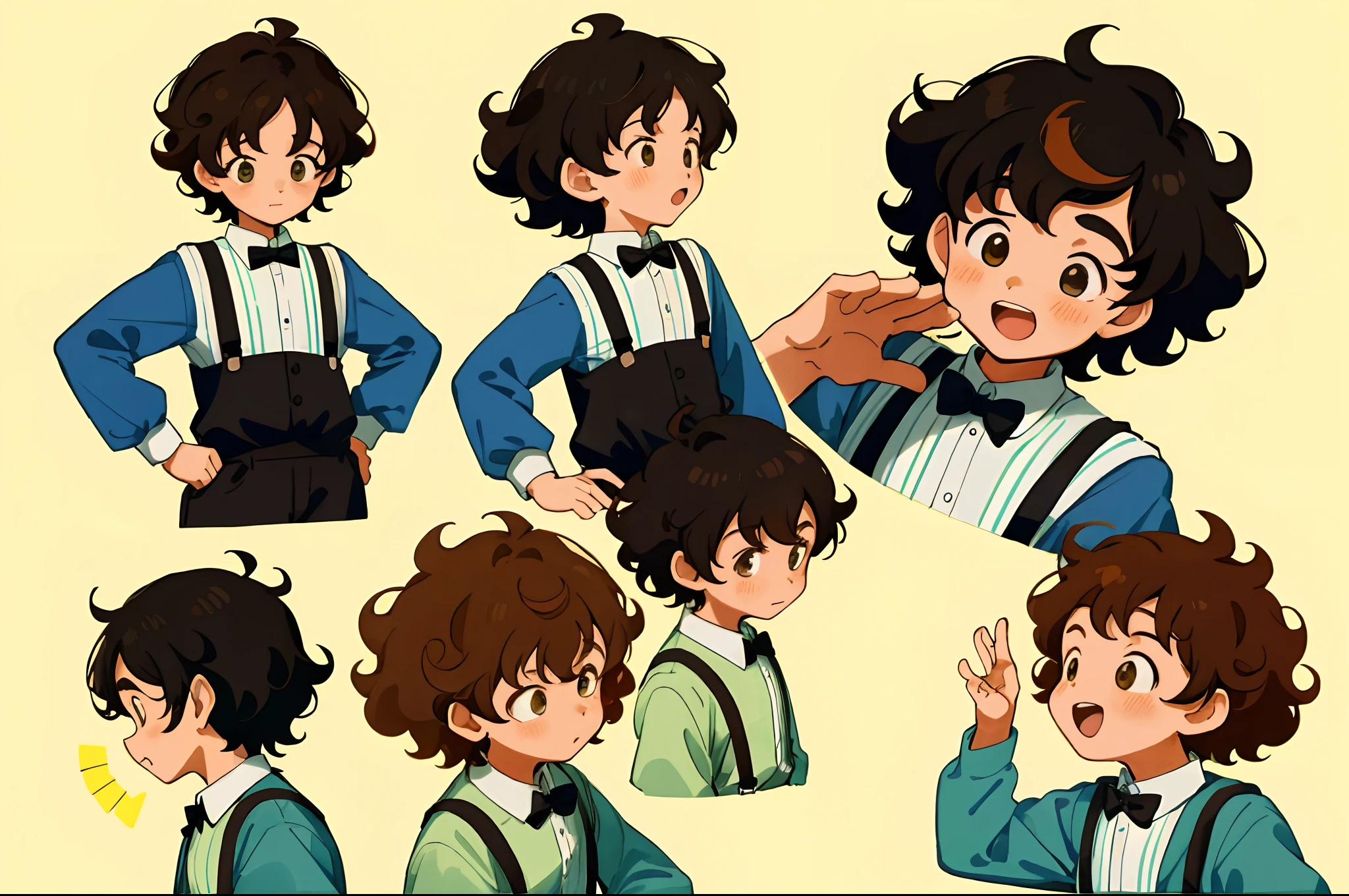 younge boy，multiple postures and expressions，Children's book illustration style，، simple，adolable，full-color，Black suspenders，Brown curly hair，flatcolors，