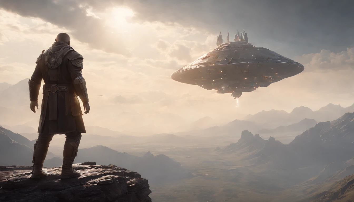 A couple Fighter Spaceship flying over a silhouette of an old warrior father with his daughter from Vietnam who are standing on a mountain with the wind blowing the daughters hair and the fathers jacket, concept art wallpaper 4k, sci-fi fantasy wallpaper, sci fi artwork, detailed sci-fi art, beautiful sci fi art, spaceships in the cloudy sky, concept art artwork masterpiece, concept art 4k, concept art 4 k, sci fi concept art, mystical sci-fi concept art